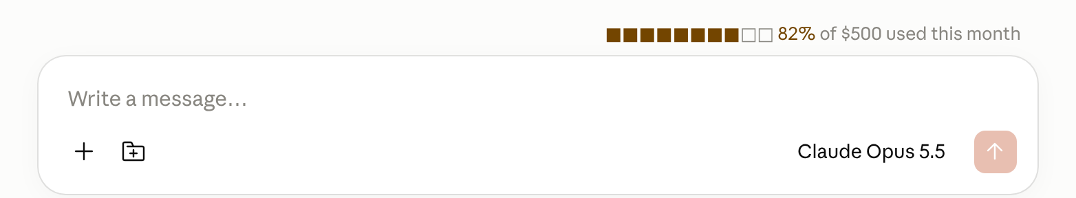 The Claude Desktop message box. Above it, right-aligned in small gray text, a ten-square bar and the words 82% of $500 used this month. The first eight squares and the 82% are colored.
