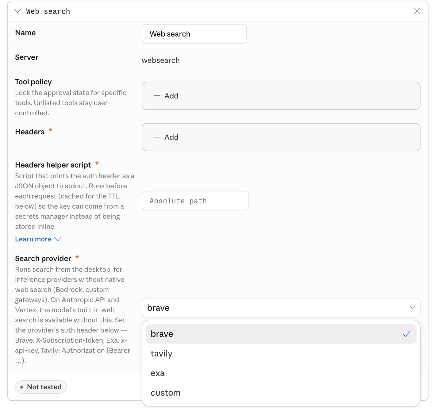 Web search server card in the in-app configuration window with fields for name, tool policy, headers, and headers helper script, and a search provider menu offering brave, tavily, exa, and custom.
