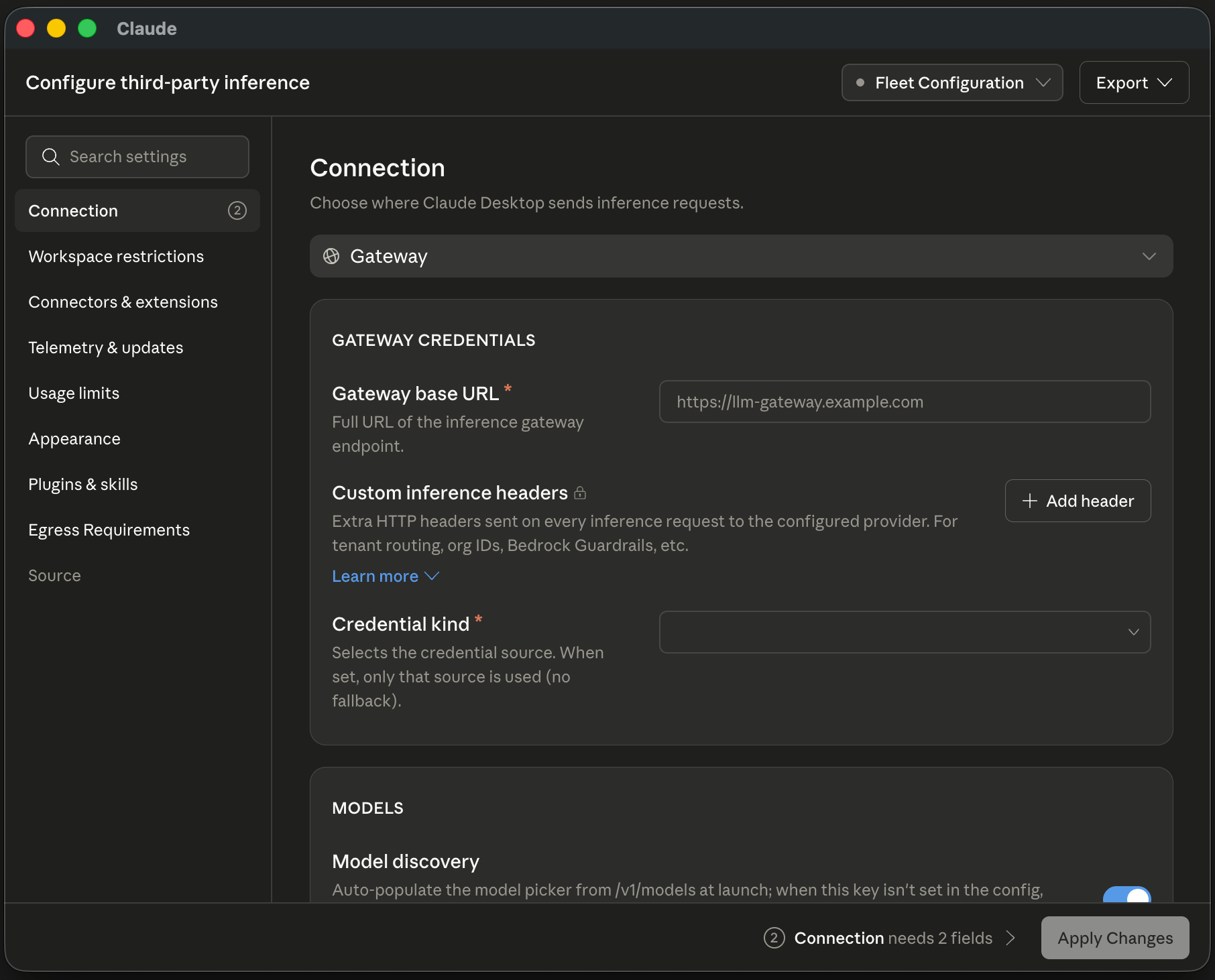Claude Desktop in-app configuration window with the sidebar of setting groups on the left and the Connection form on the right.