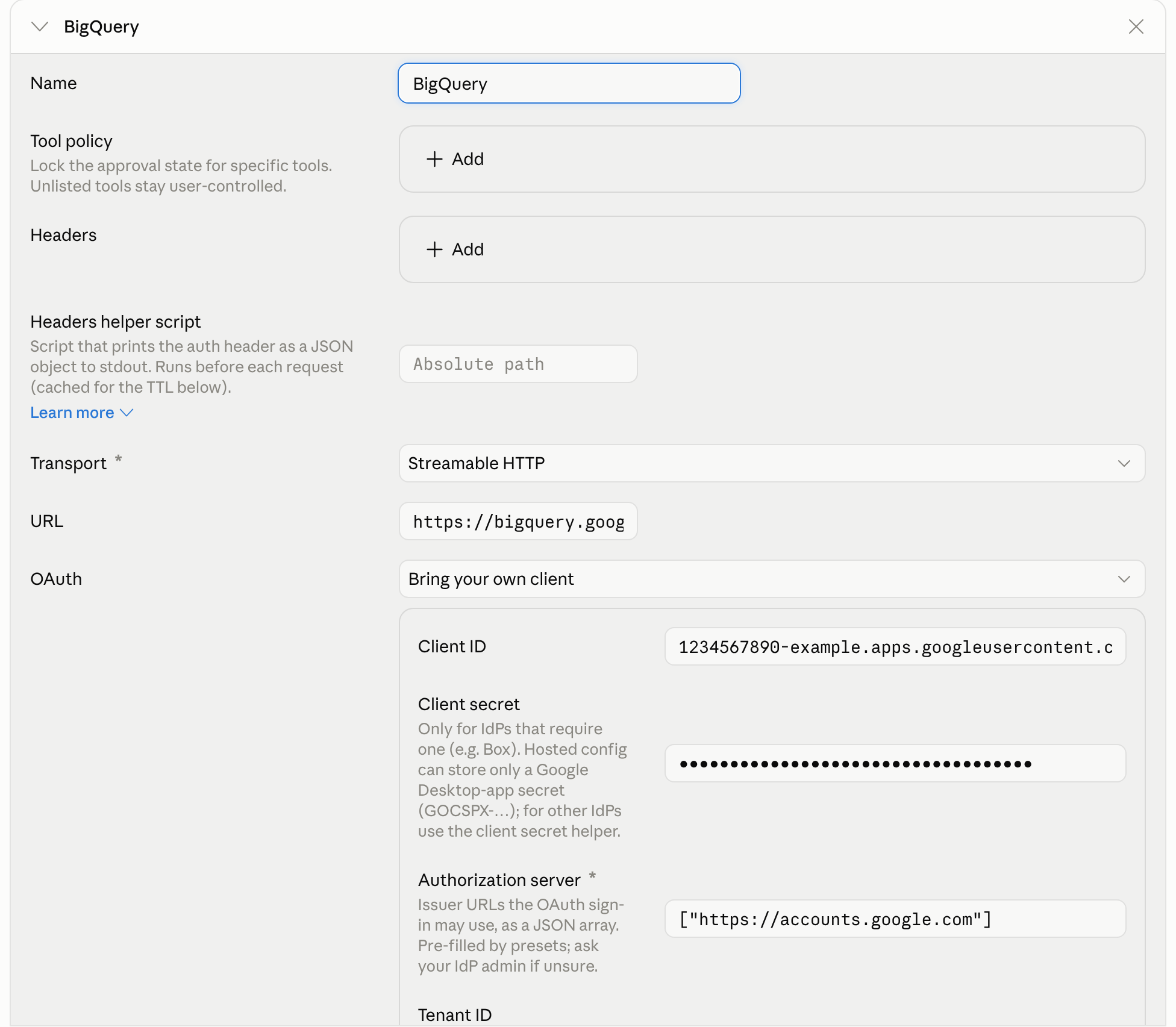 Managed MCP server entry named BigQuery in the Enterprise Admin Console, with Transport set to Streamable HTTP, the BigQuery MCP URL, OAuth set to Bring your own client, and the Client ID, Client secret, and Authorization server fields filled in.
