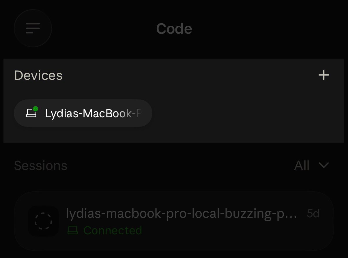 The Code tab in the Claude mobile app with a Devices section showing a connected MacBook as a device card above the sessions list