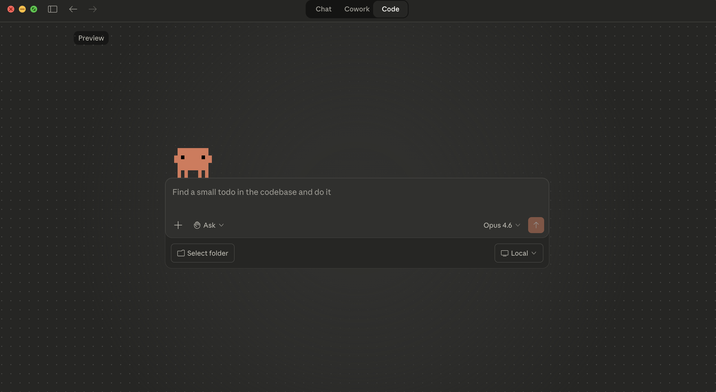 The Claude Code Desktop interface in dark mode showing the Code tab selected, with a prompt box, permission mode selector set to Ask permissions, model picker, folder selector, and Local environment option