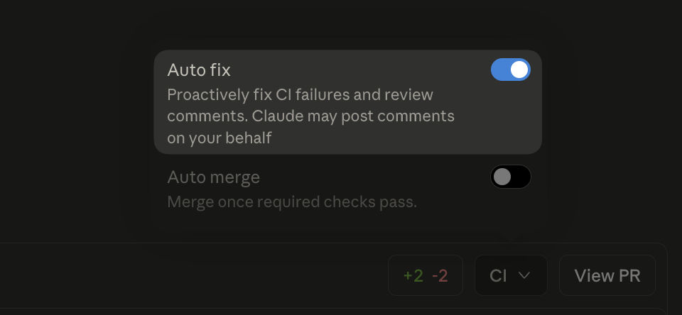 Claude Code web CI panel showing the Auto fix toggle enabled, with description 'Proactively fix CI failures and review comments'