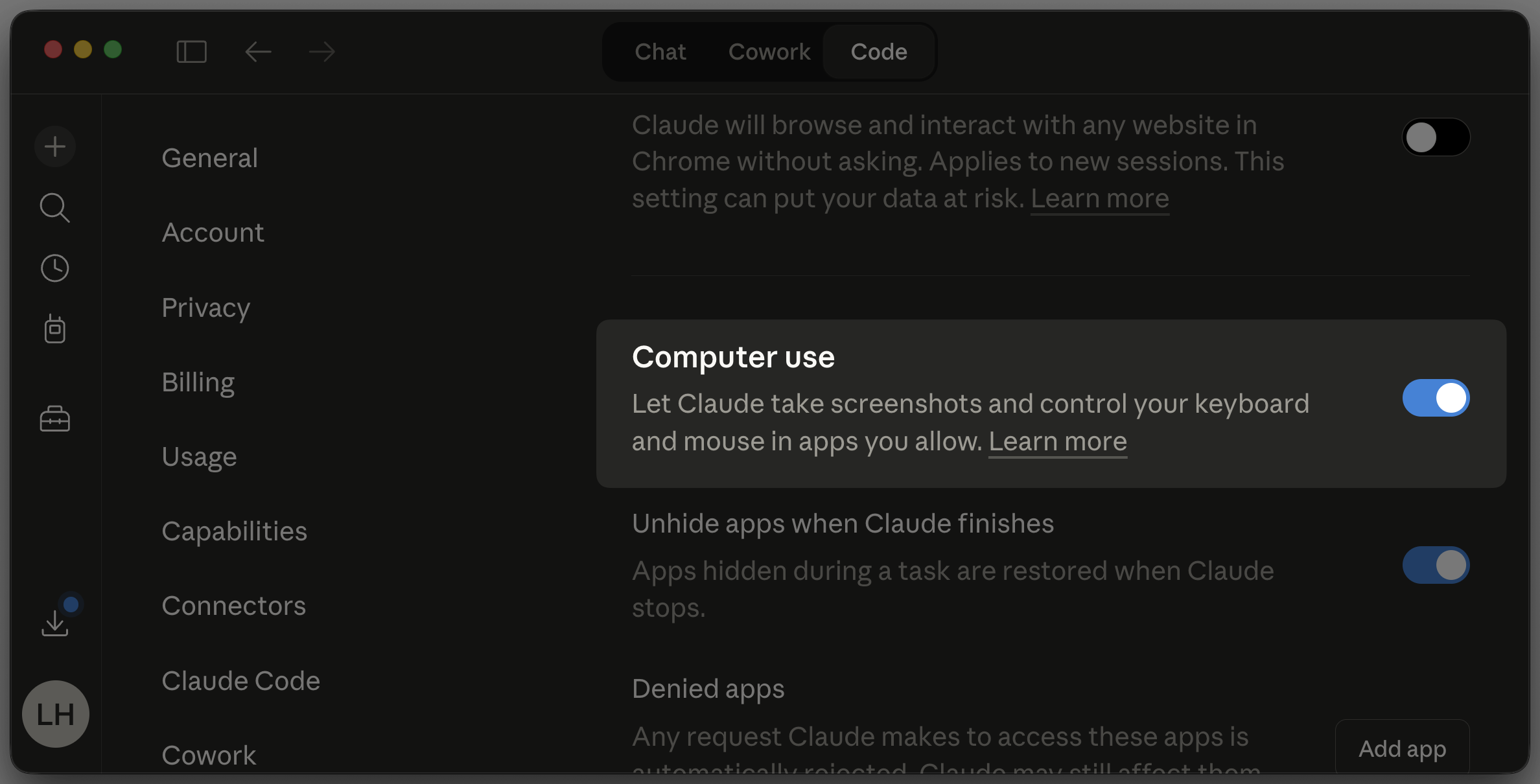 Claude Desktop settings with the Computer use toggle enabled, showing the option to let Claude take screenshots and control your keyboard and mouse in apps you allow