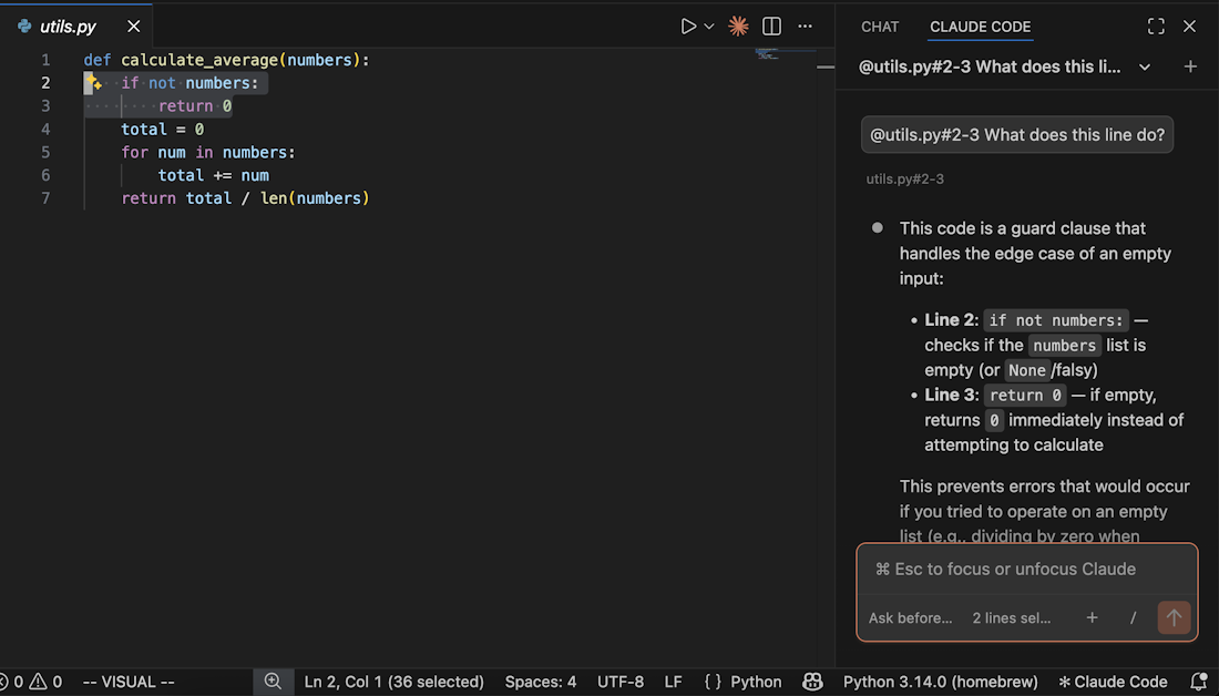 선택한 코드 라인을 @-mention으로 참조해 질문하는 예시