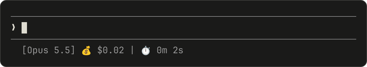 A status line showing model name, session cost, and duration