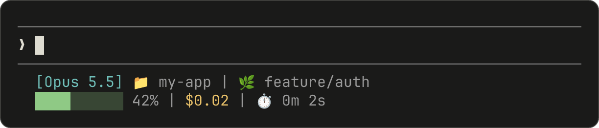 A multi-line status line showing model name, directory, git branch on the first line, and a context usage progress bar with cost and duration on the second line
