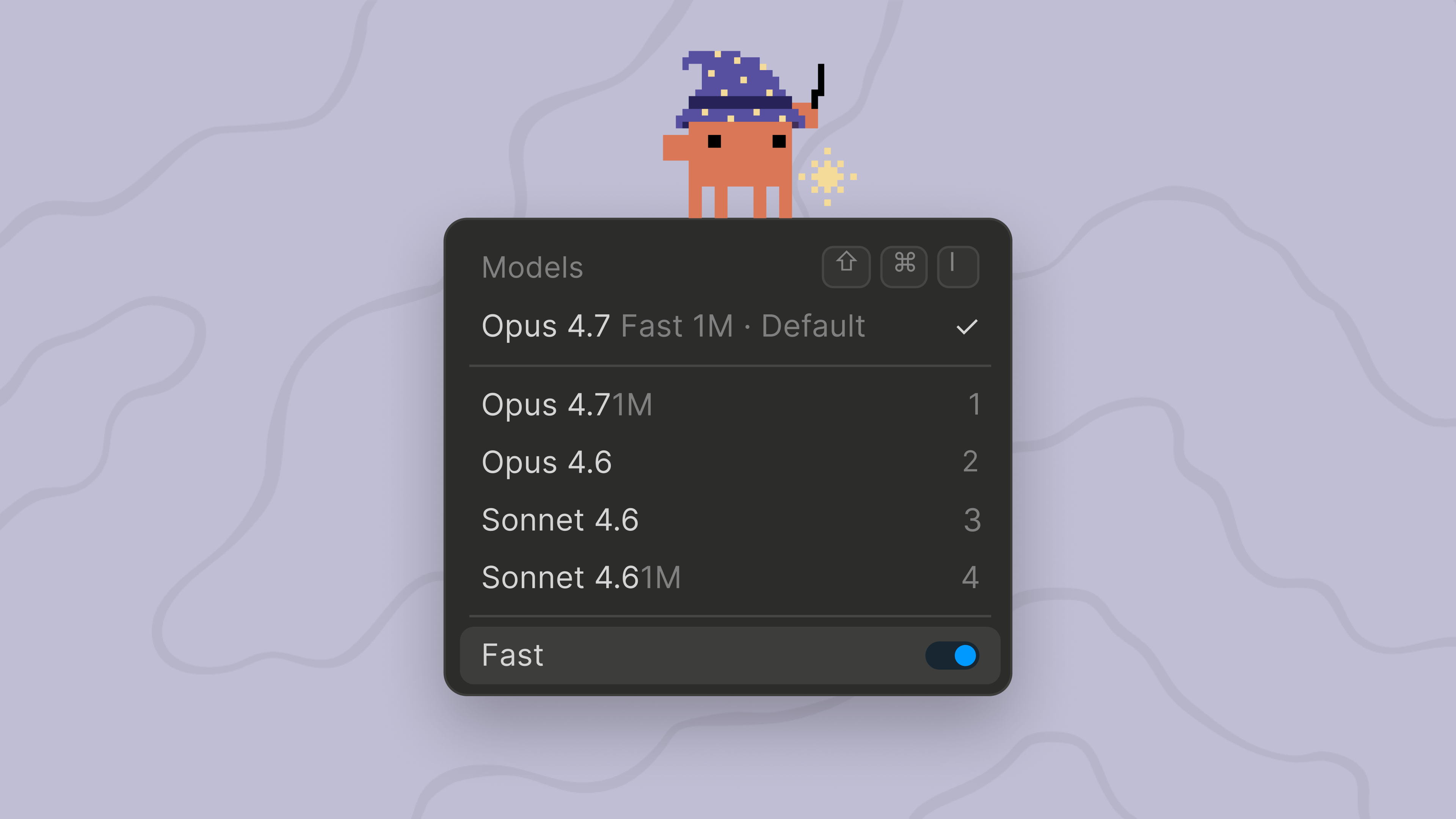 The Claude Code model picker showing Opus 4.7 Fast 1M as the default with the Fast toggle on