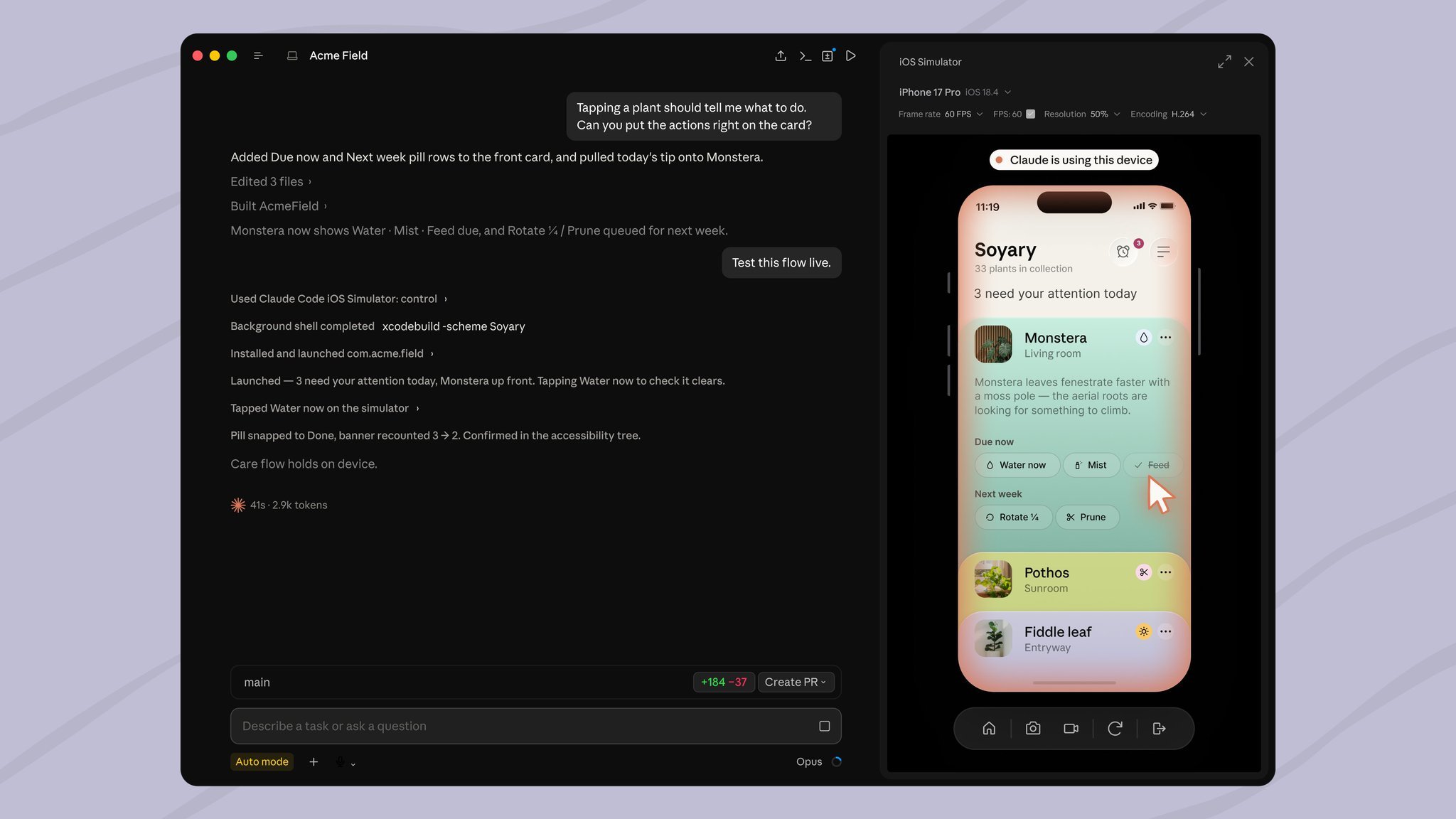 Claude Code Desktop with the iOS Simulator pane showing an iPhone app next to the conversation