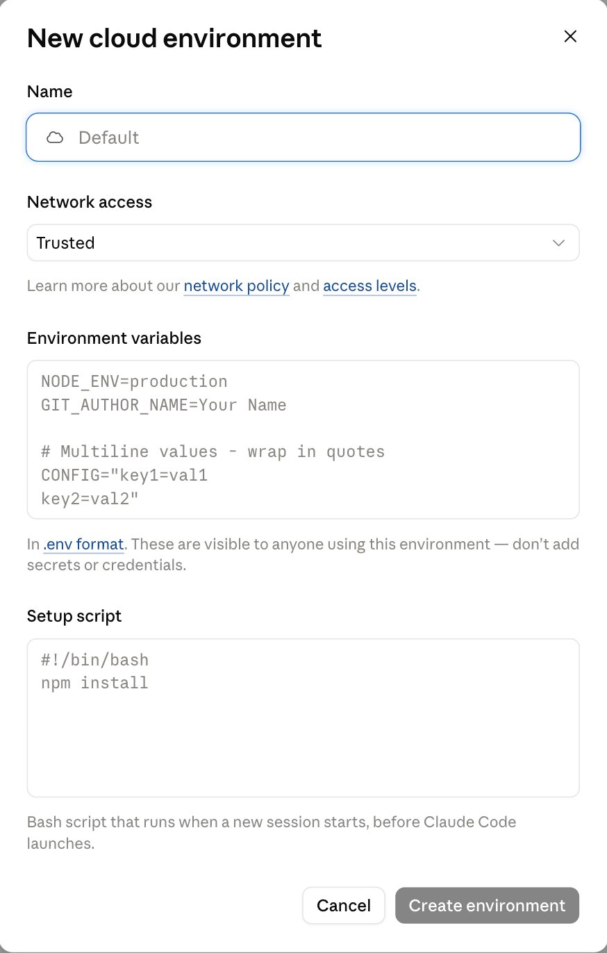 The New cloud environment dialog. A Name field with the placeholder Default, a Network access selector set to Trusted with links to the network policy and access levels, an Environment variables box showing .env-format placeholder text with a note that values are visible to anyone using the environment, a Setup script box described as a Bash script that runs when a new session starts before Claude Code launches, and Cancel and Create environment buttons.