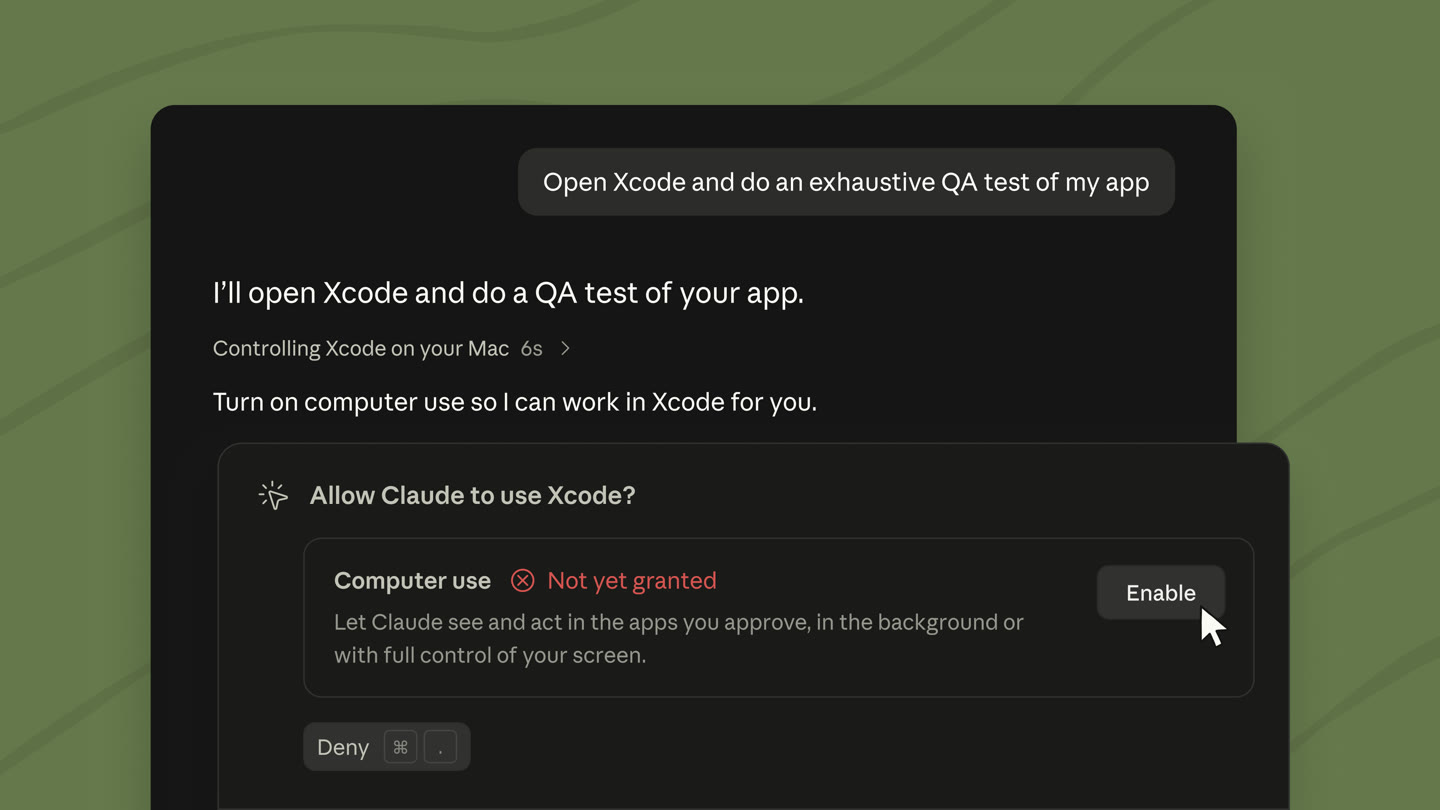 A Claude Code Desktop session where Claude asks to use Xcode, with a Computer use permission card that reads Let Claude see and act in the apps you approve, in the background or with full control of your screen, next to an Enable button