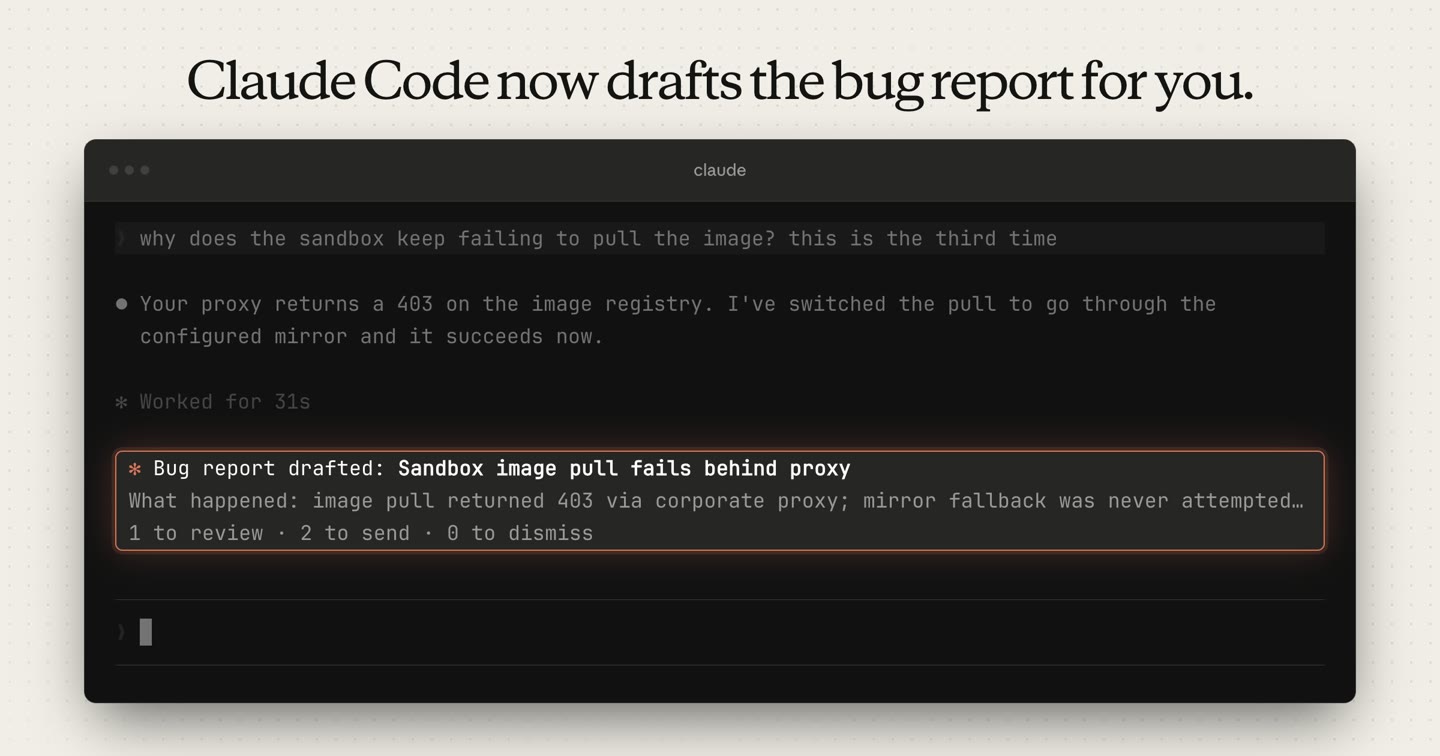 A Claude Code session where Claude has drafted a bug report titled Sandbox image pull fails behind proxy, shown as a card above the prompt with options to review, send, or dismiss