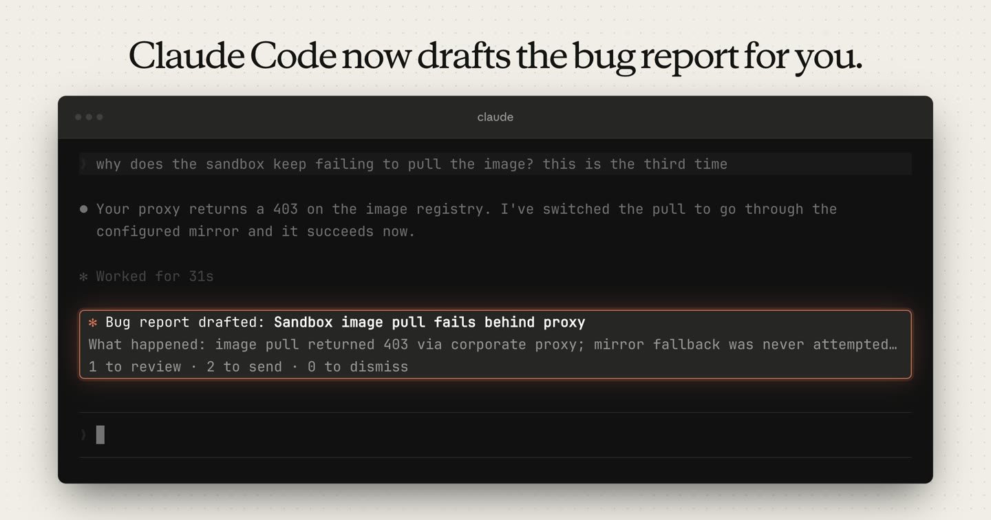 A Claude Code session where Claude has drafted a bug report titled Sandbox image pull fails behind proxy, shown as a card above the prompt with options to review, send, or dismiss