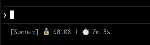 A status line showing model name, session cost, and duration