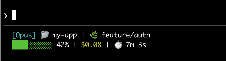 A multi-line status line showing model name, directory, git branch on the first line, and a context usage progress bar with cost and duration on the second line