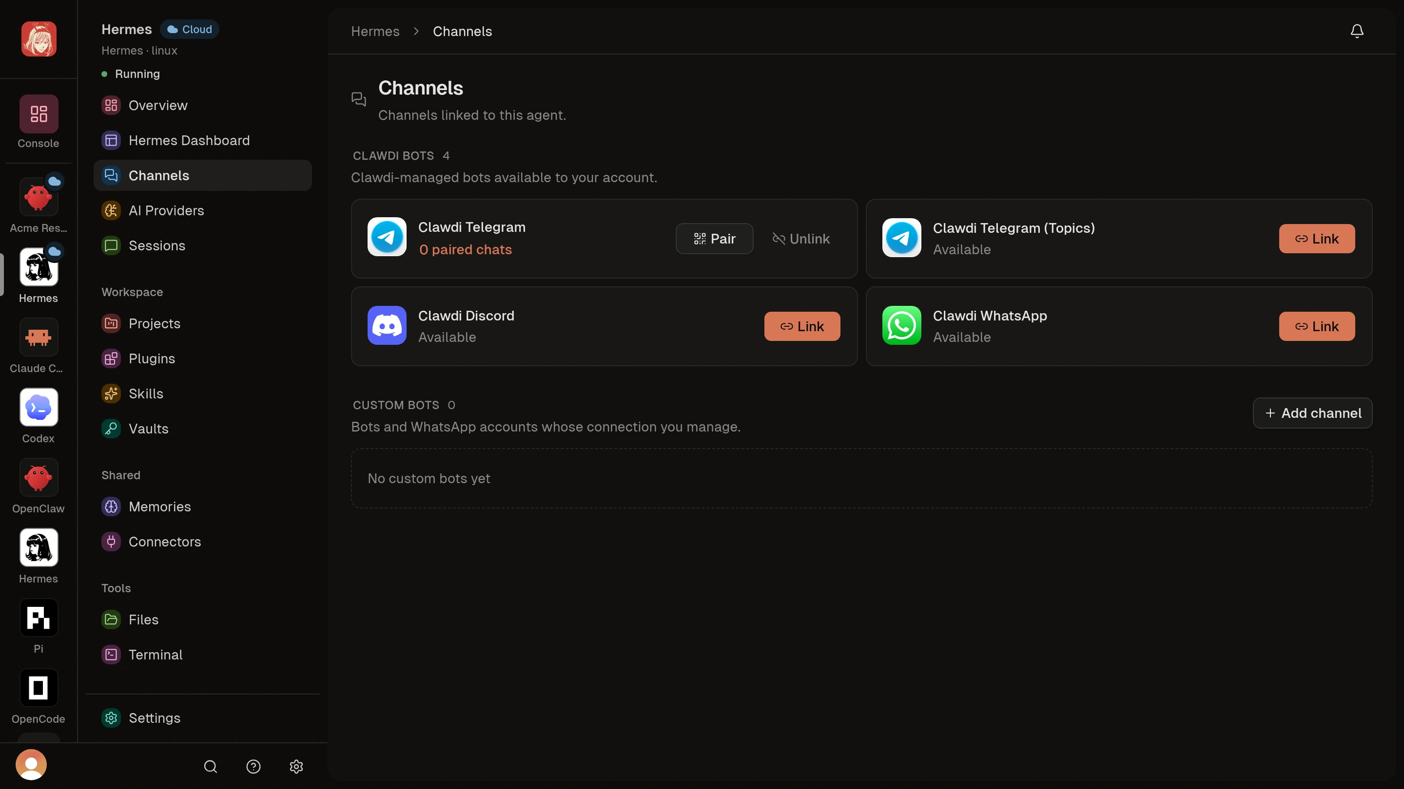 Agent Channels with Clawdi Telegram linked, zero paired chats, and Pair and Unlink actions.
