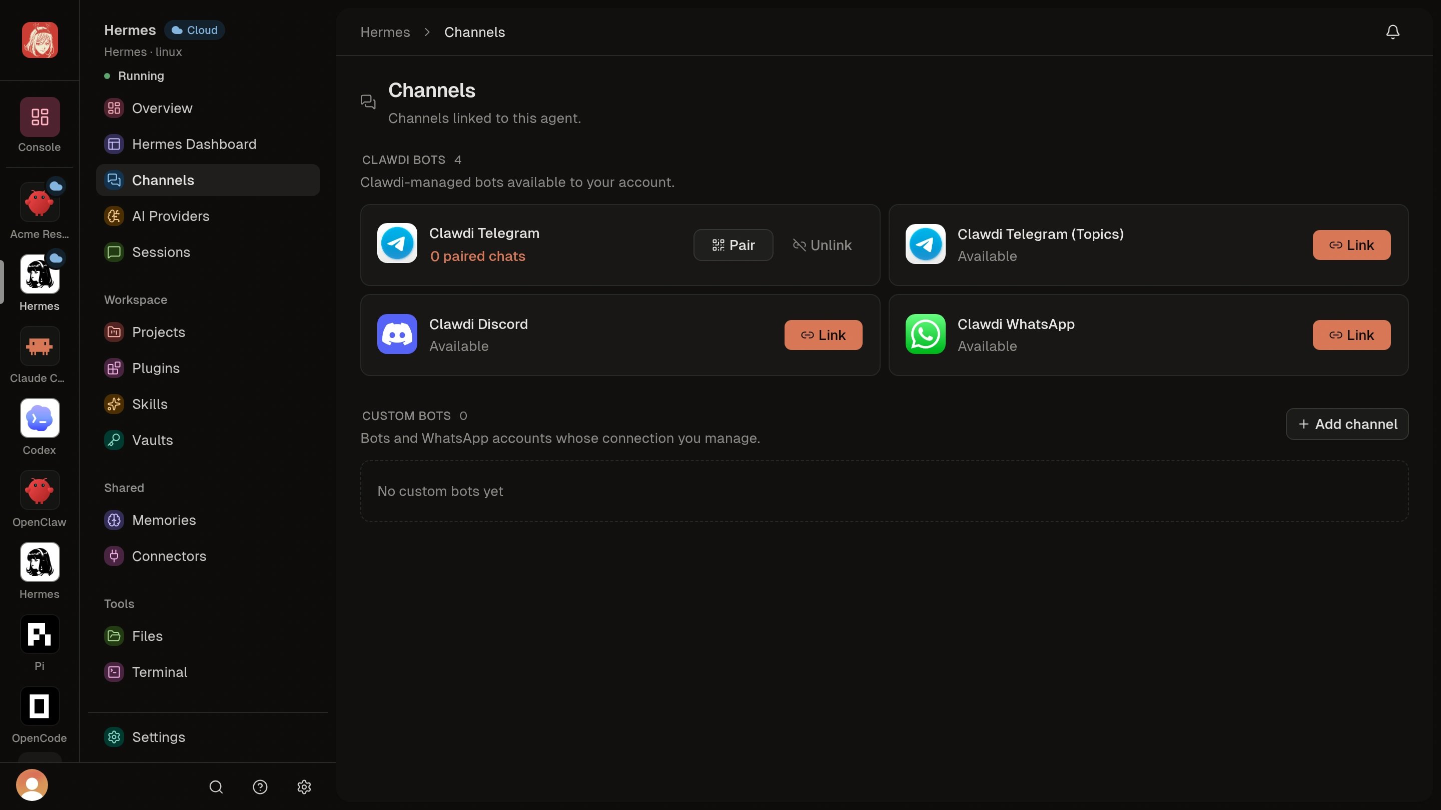 Agent Channels with Clawdi Telegram linked, zero paired chats, and Pair and Unlink actions.
