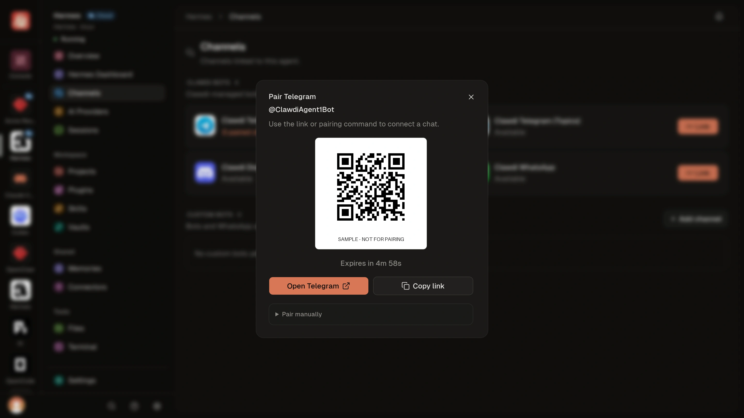 Pair Telegram sample dialog labeled SAMPLE — NOT FOR PAIRING, with pairing data redacted and a demonstration QR code.