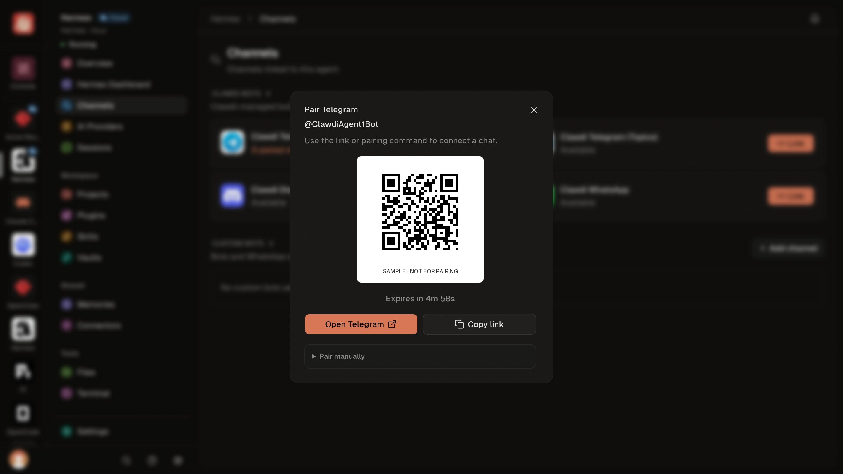 Pair Telegram sample dialog labeled SAMPLE — NOT FOR PAIRING, with pairing data redacted and a demonstration QR code.
