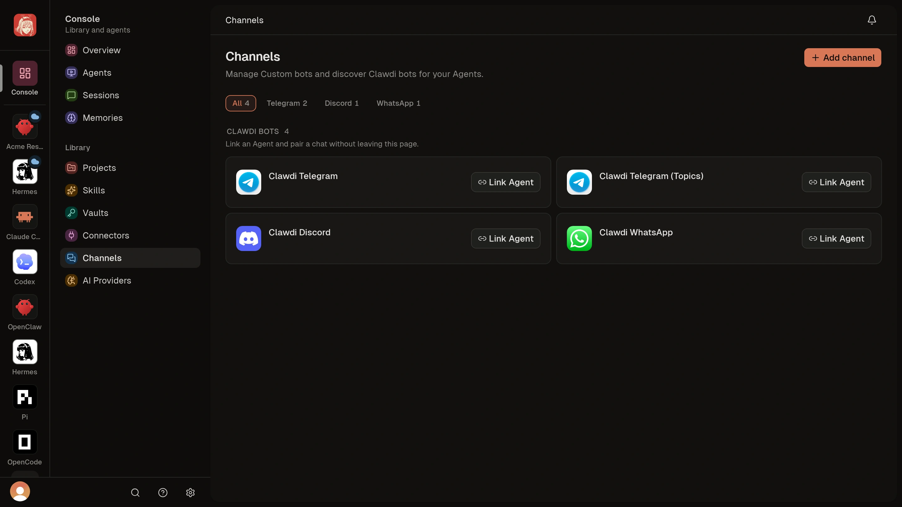 Channels catalog with Clawdi Telegram, Telegram Topics, Discord, and WhatsApp Link Agent actions.
