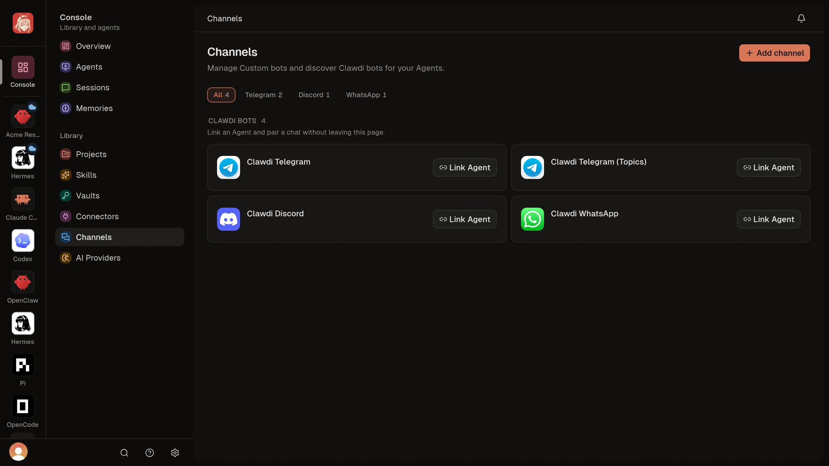 Channels catalog with Clawdi Telegram, Telegram Topics, Discord, and WhatsApp Link Agent actions.
