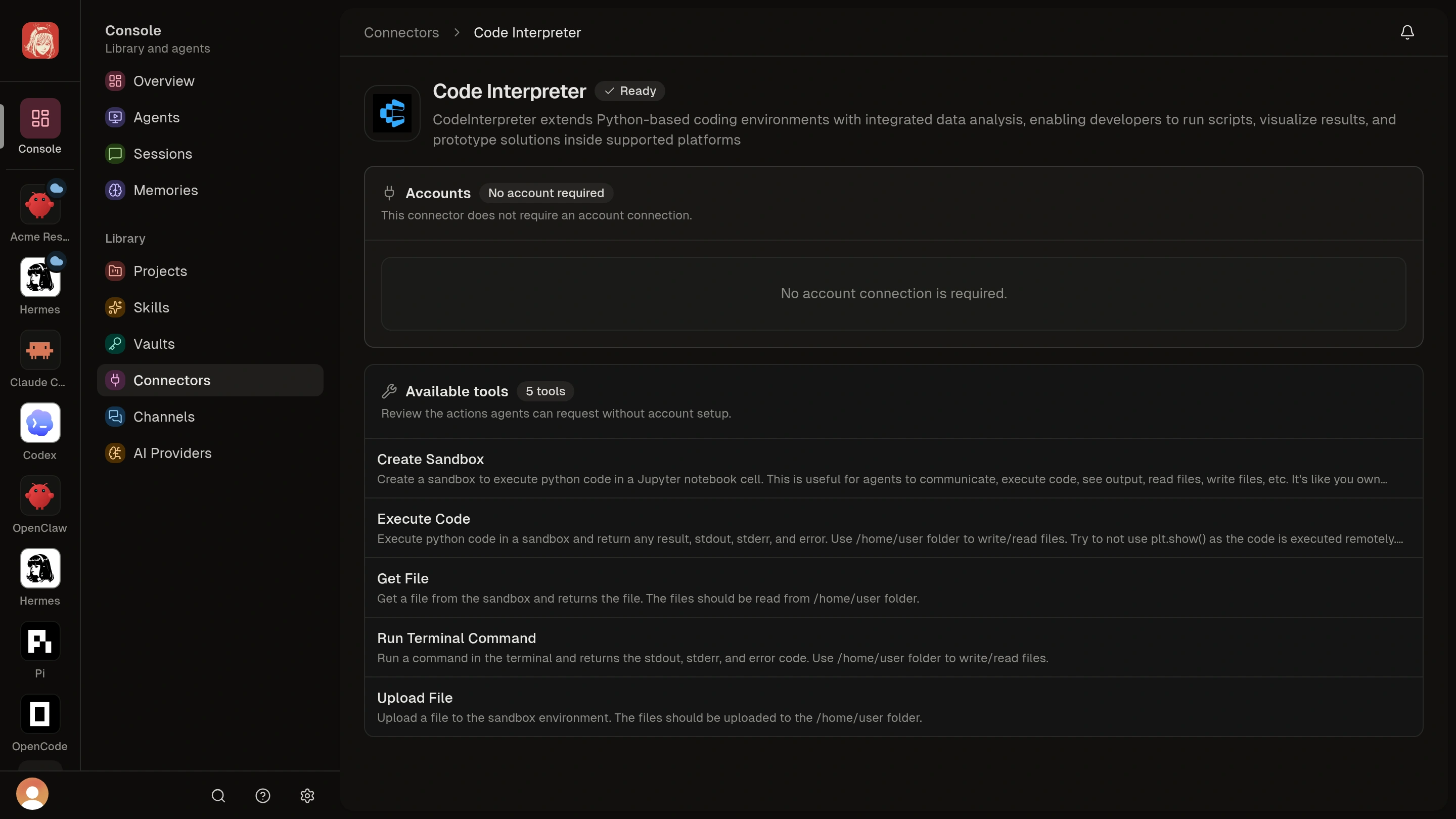 Code Interpreter ready with five tools and no account connection required