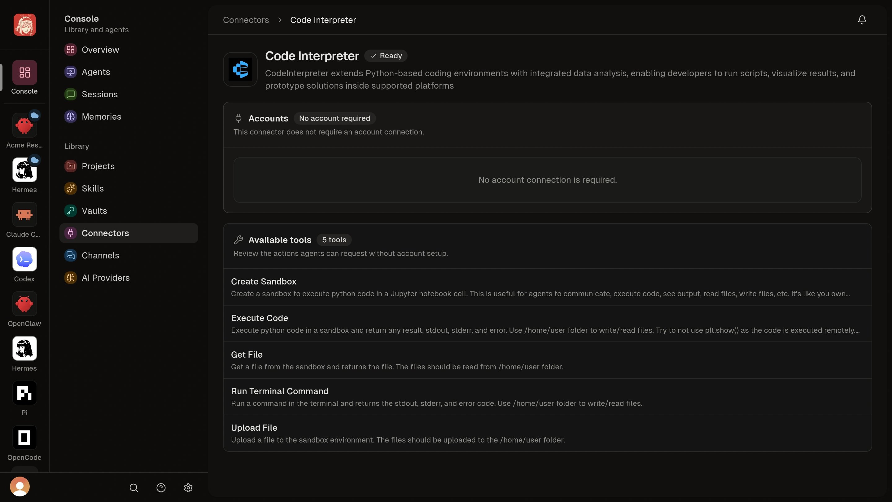 Code Interpreter ready with five tools and no account connection required