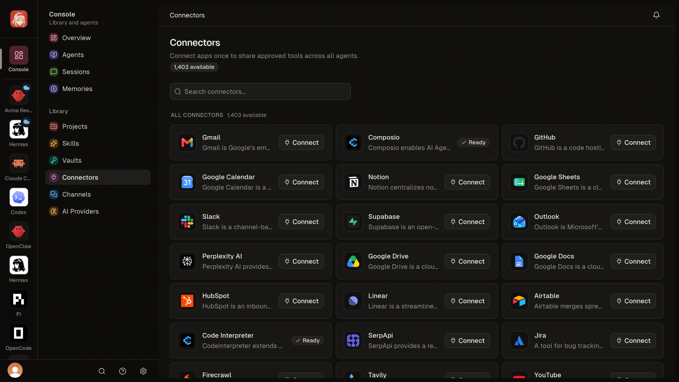 Shared Connectors catalog with Connect actions and Ready toolkits.