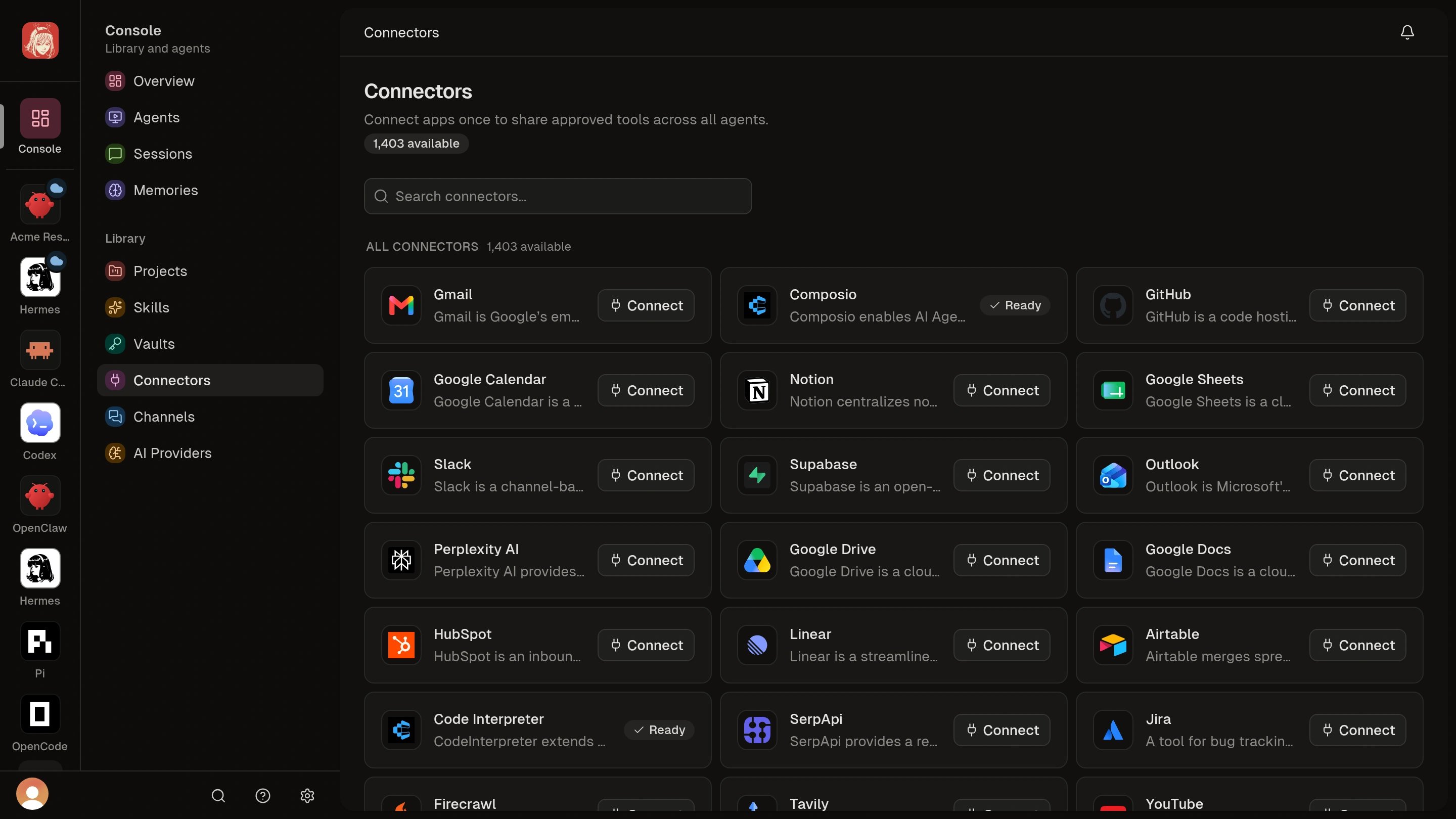 Shared Connectors catalog with Connect actions and Ready toolkits.