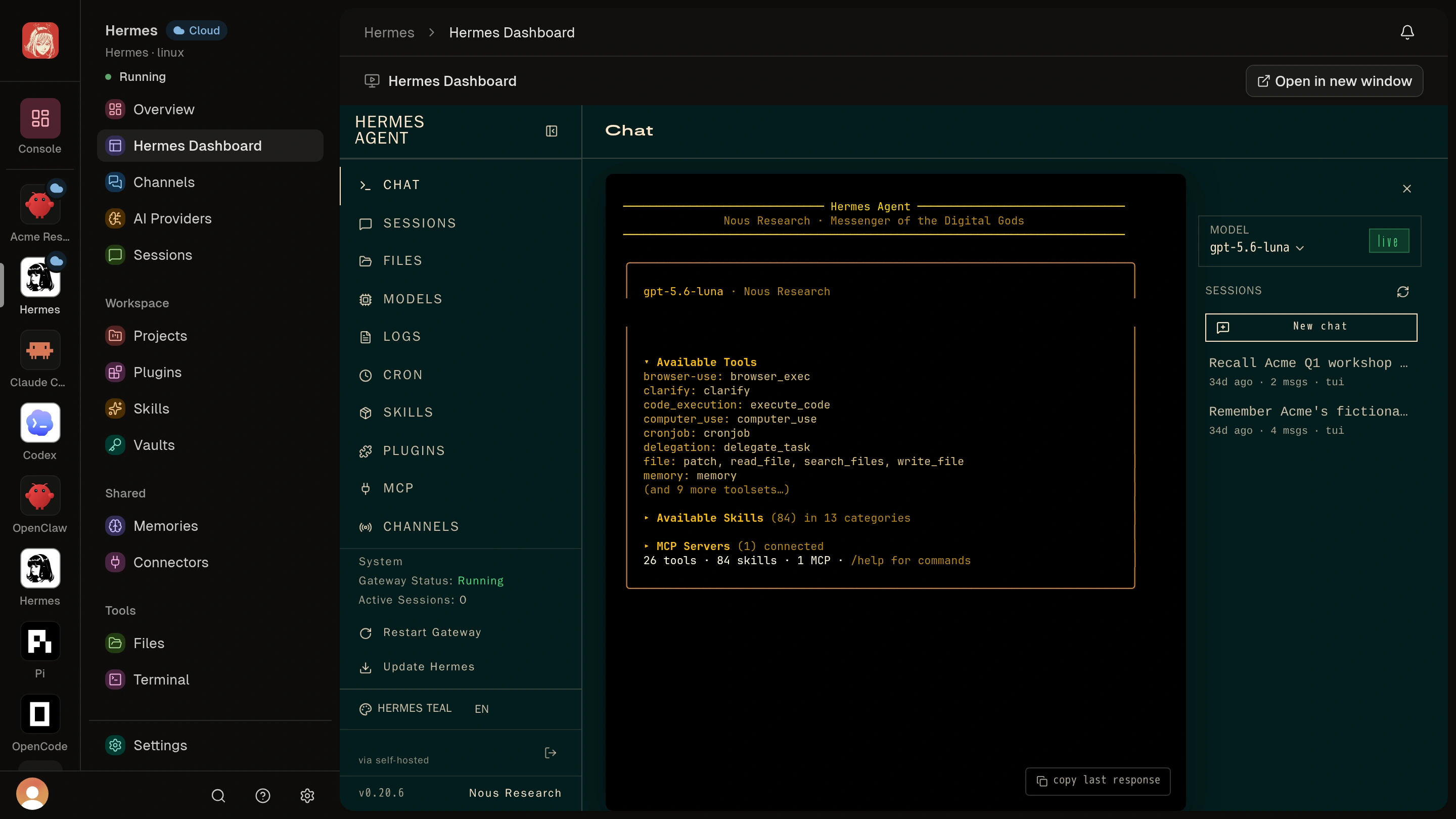 Hermes Dashboard inside Clawdi with rendered terminal startup content, available tools, and New chat control.