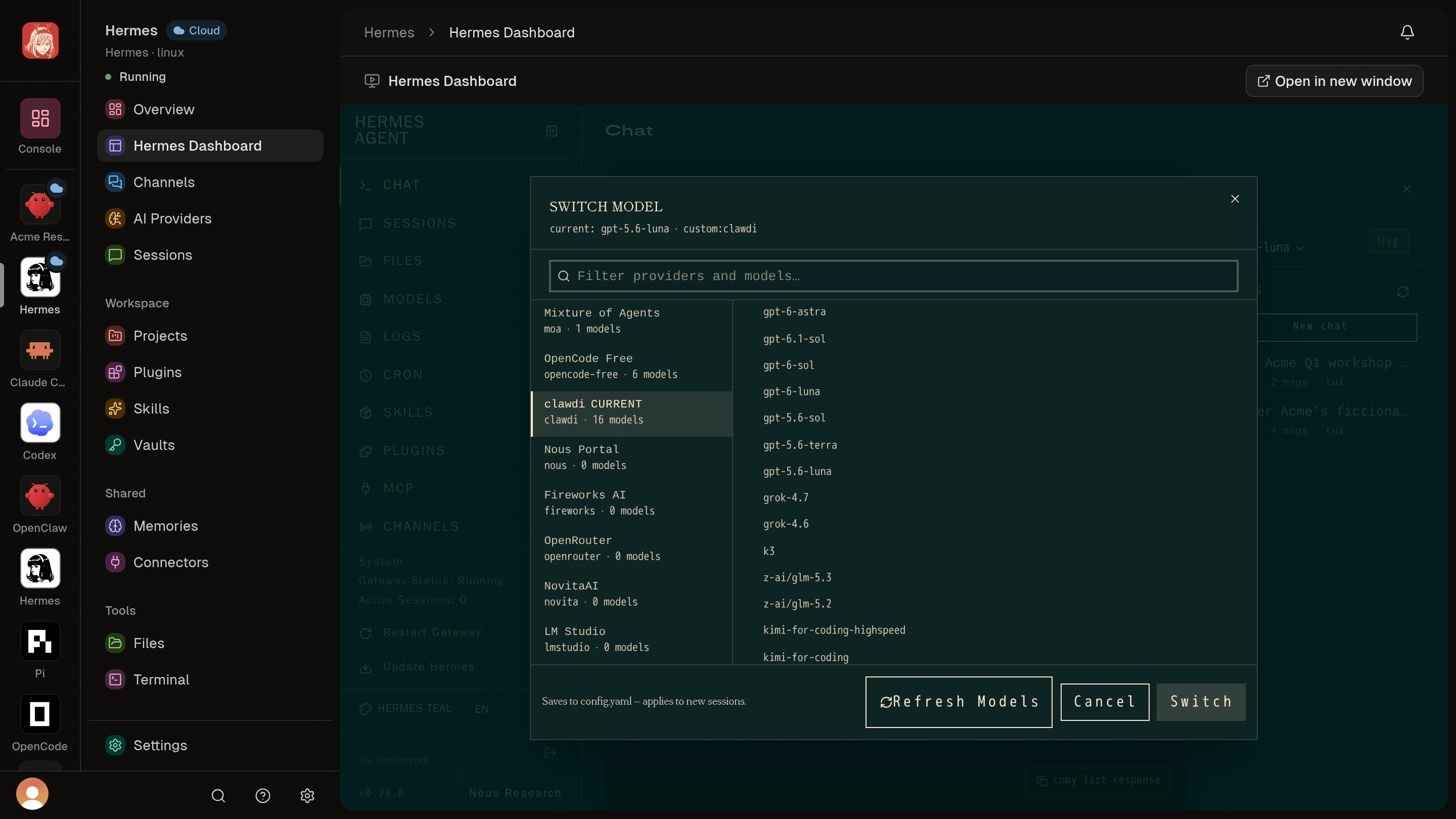 Hermes model picker inside Clawdi with the loaded Clawdi model catalog and selectable model rows.