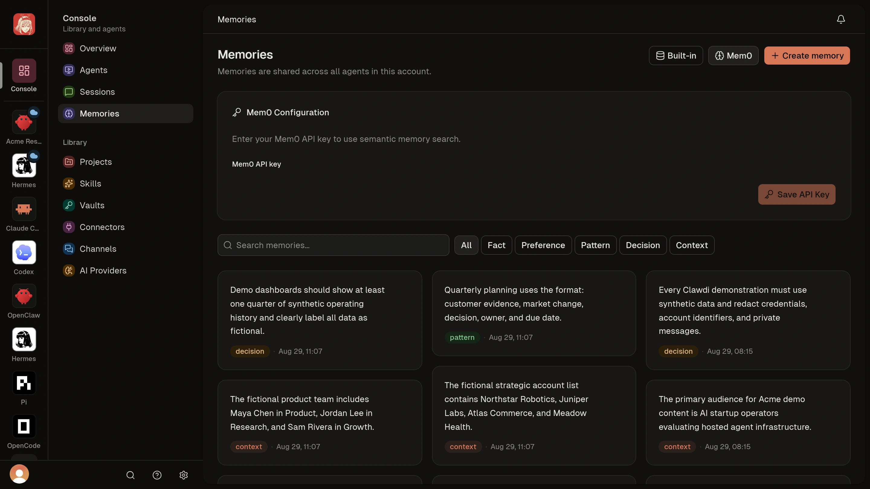 Agent Memories with Create memory, search, categories, and synthetic saved context.