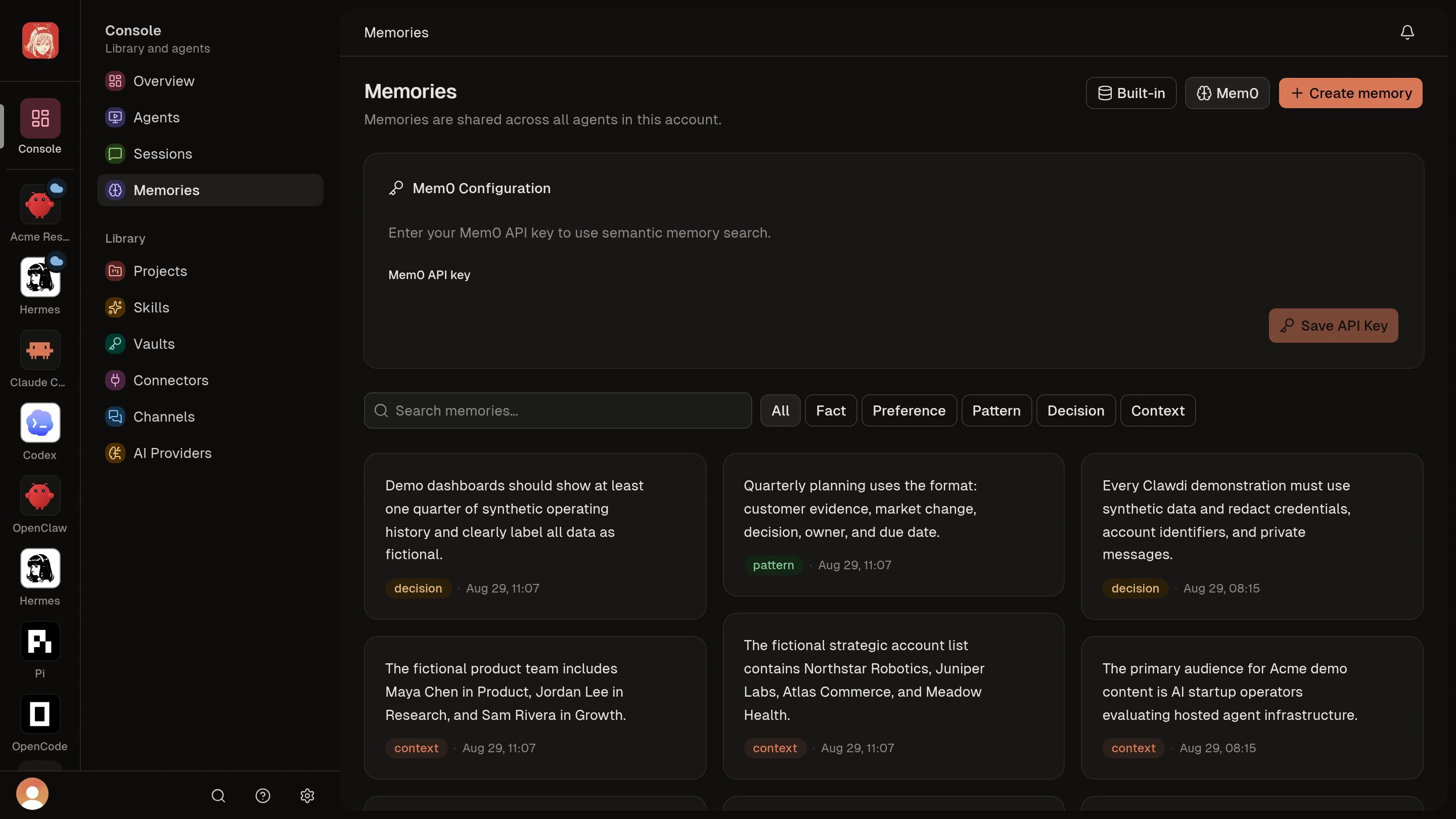 Agent Memories with Create memory, search, categories, and synthetic saved context.
