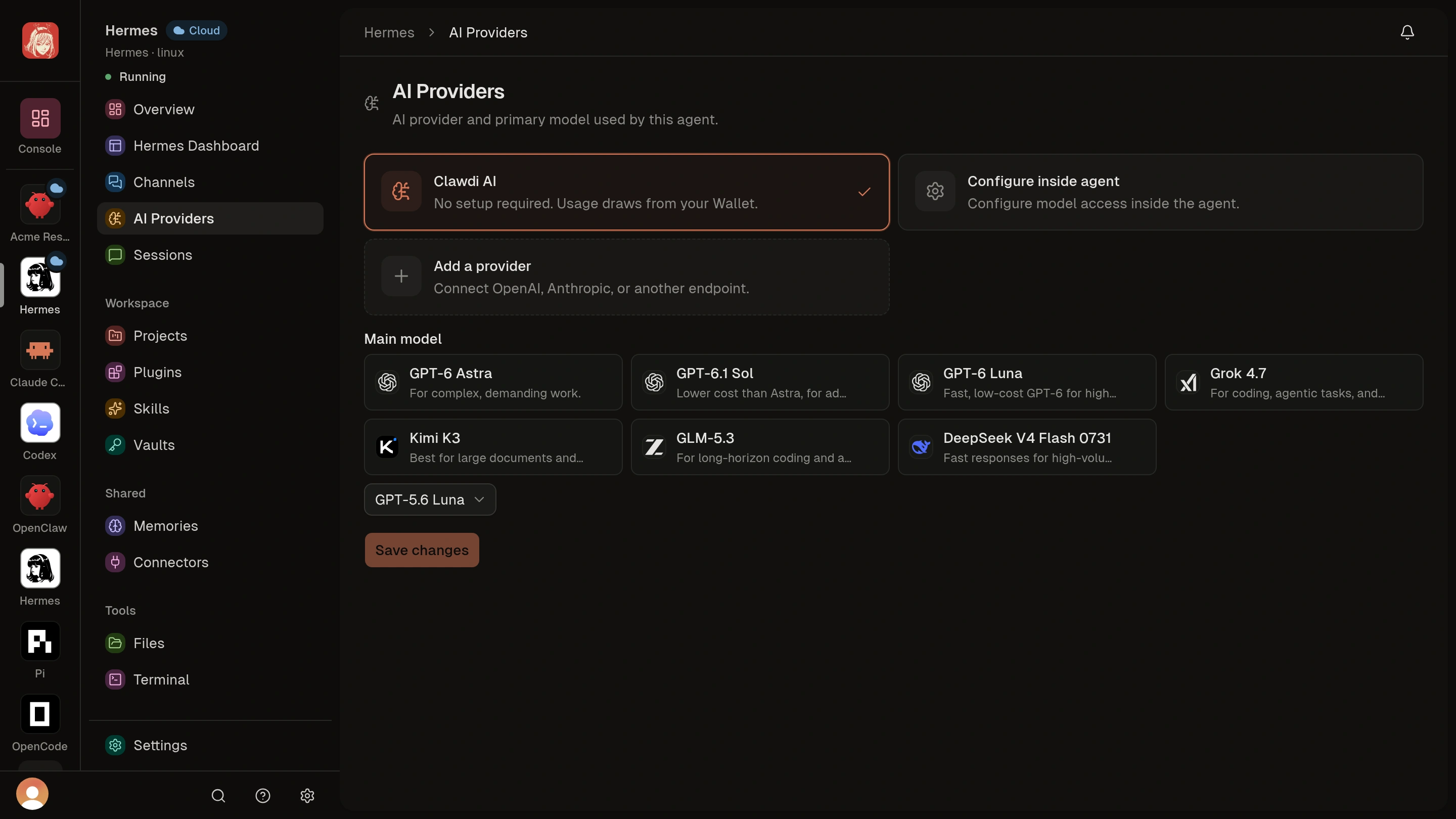 Cloud Agent AI Providers with Clawdi AI, Configure inside agent, and Add a provider.