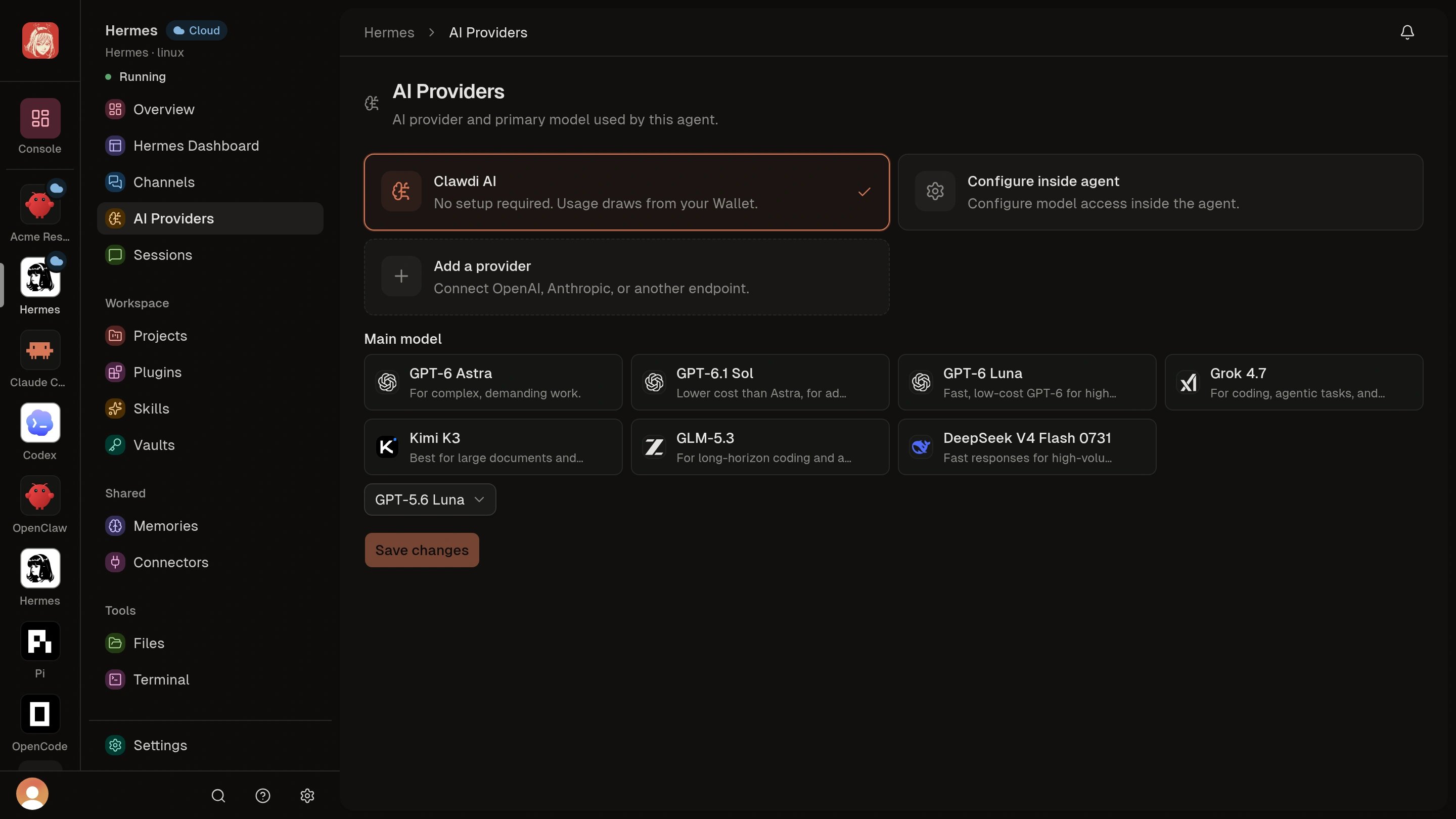 Cloud Agent AI Providers with Clawdi AI, Configure inside agent, and Add a provider.