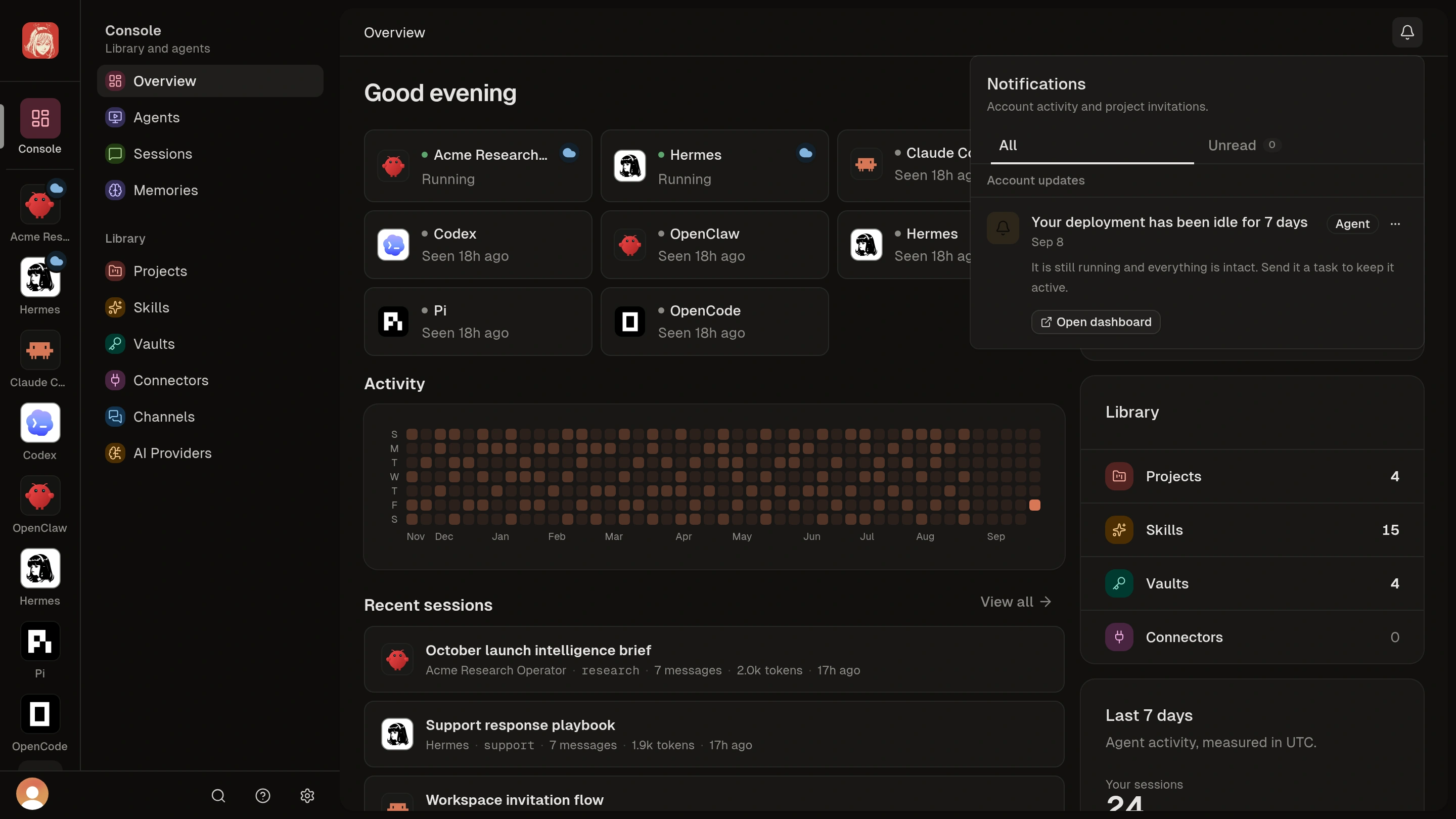 Notification Center with an Agent activity reminder.
