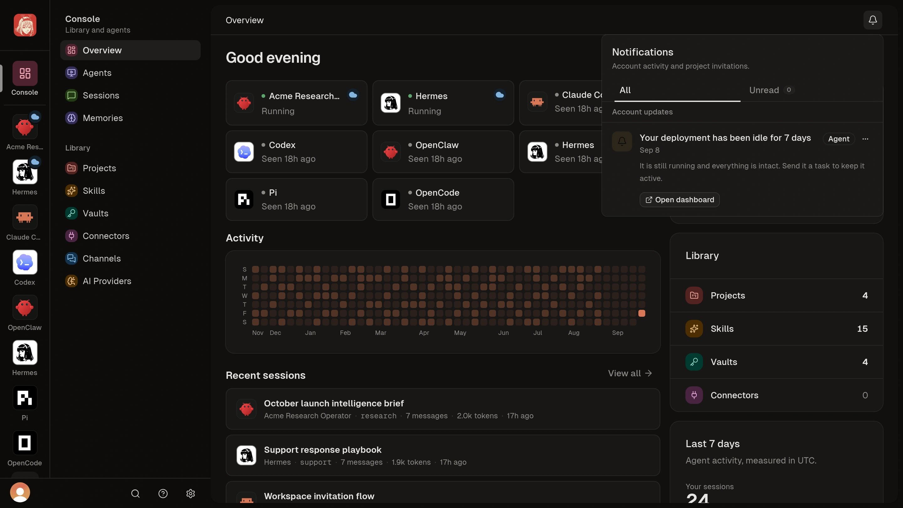 Notification Center with an Agent activity reminder.