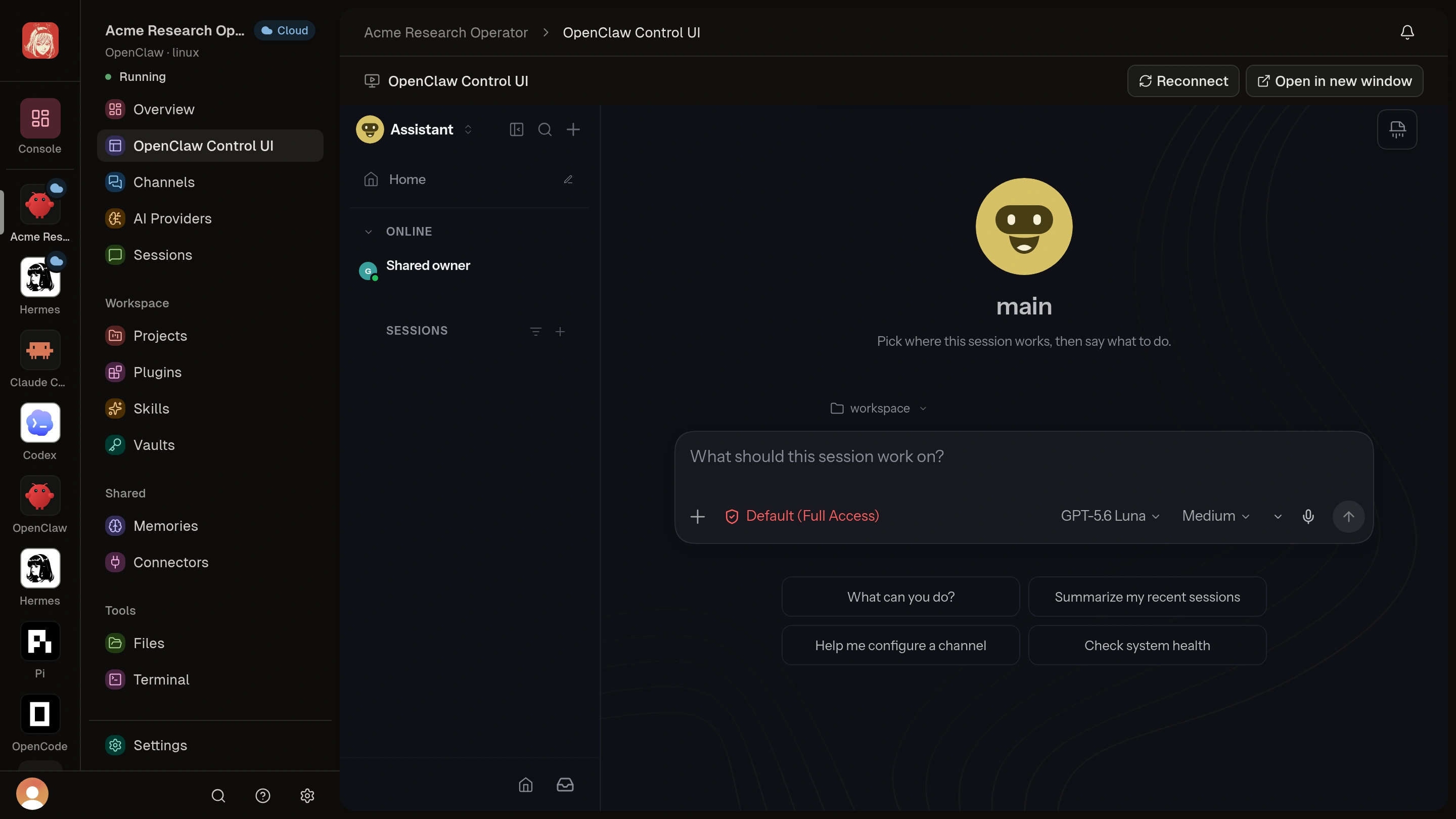 OpenClaw Control UI inside Clawdi at the native /new frame, with a connected runtime and loaded model catalog.
