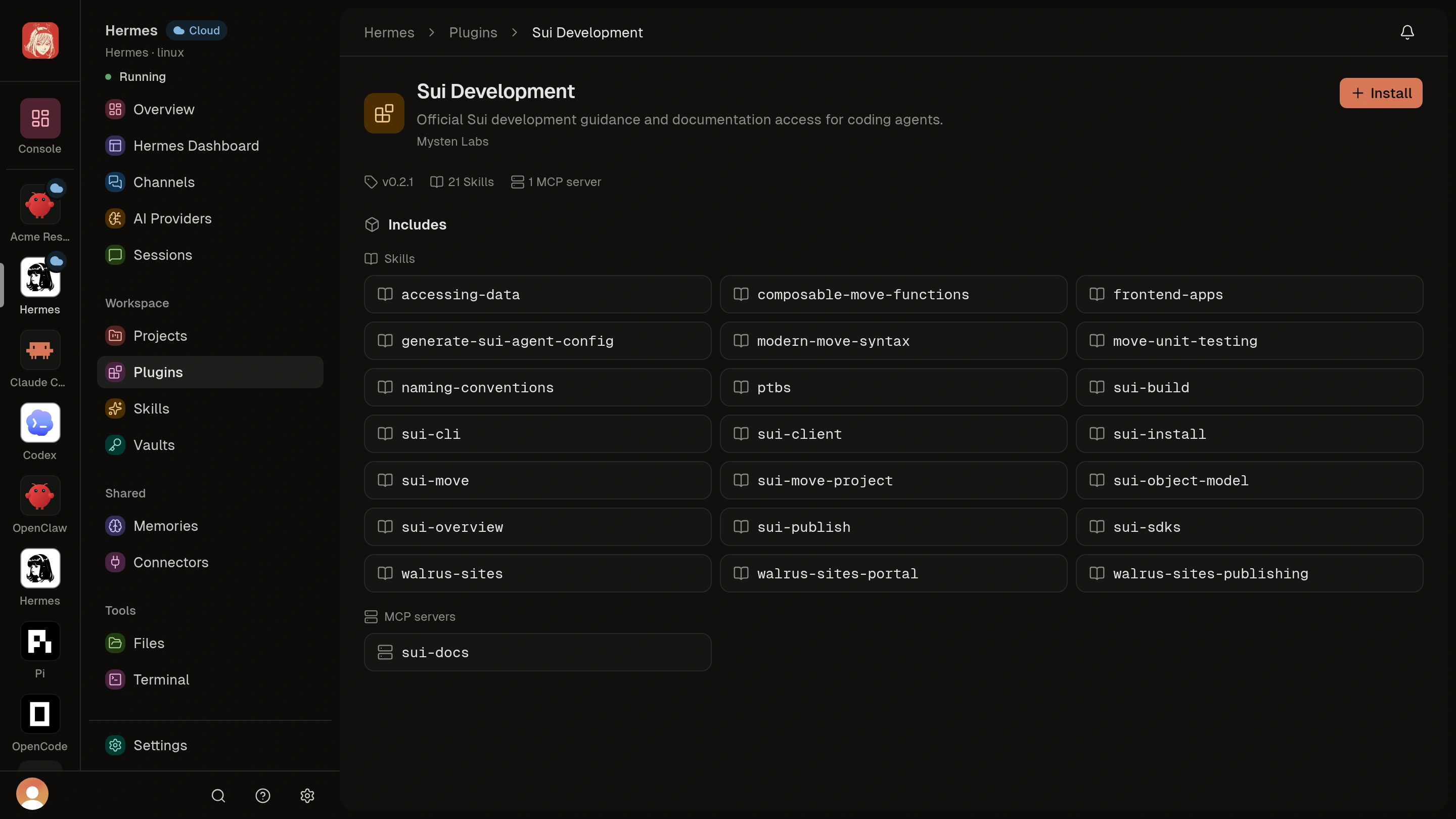 Sui Development Plugin details with publisher, version, included Skills, MCP server, and Install action.