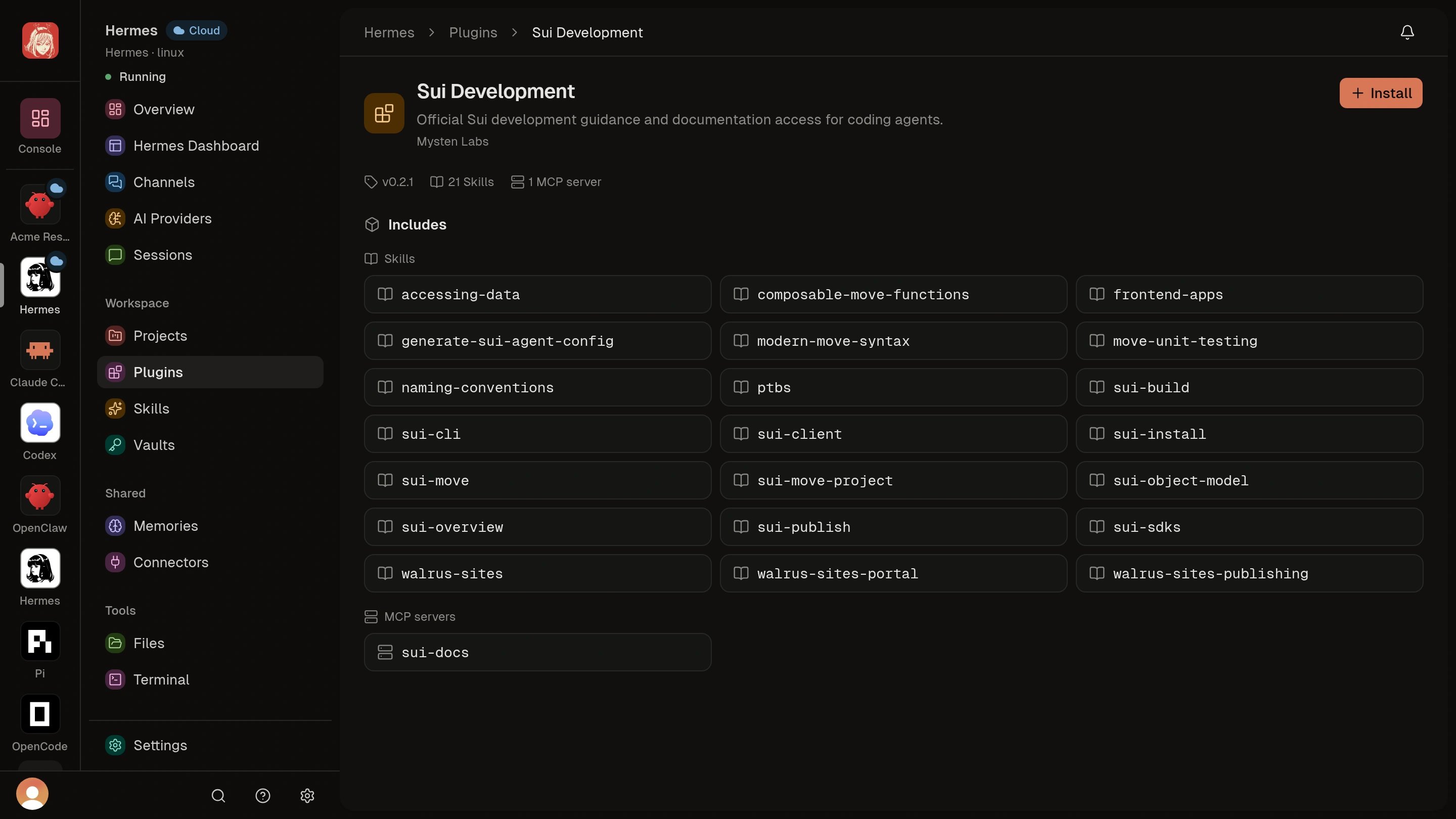 Sui Development Plugin details with publisher, version, included Skills, MCP server, and Install action.