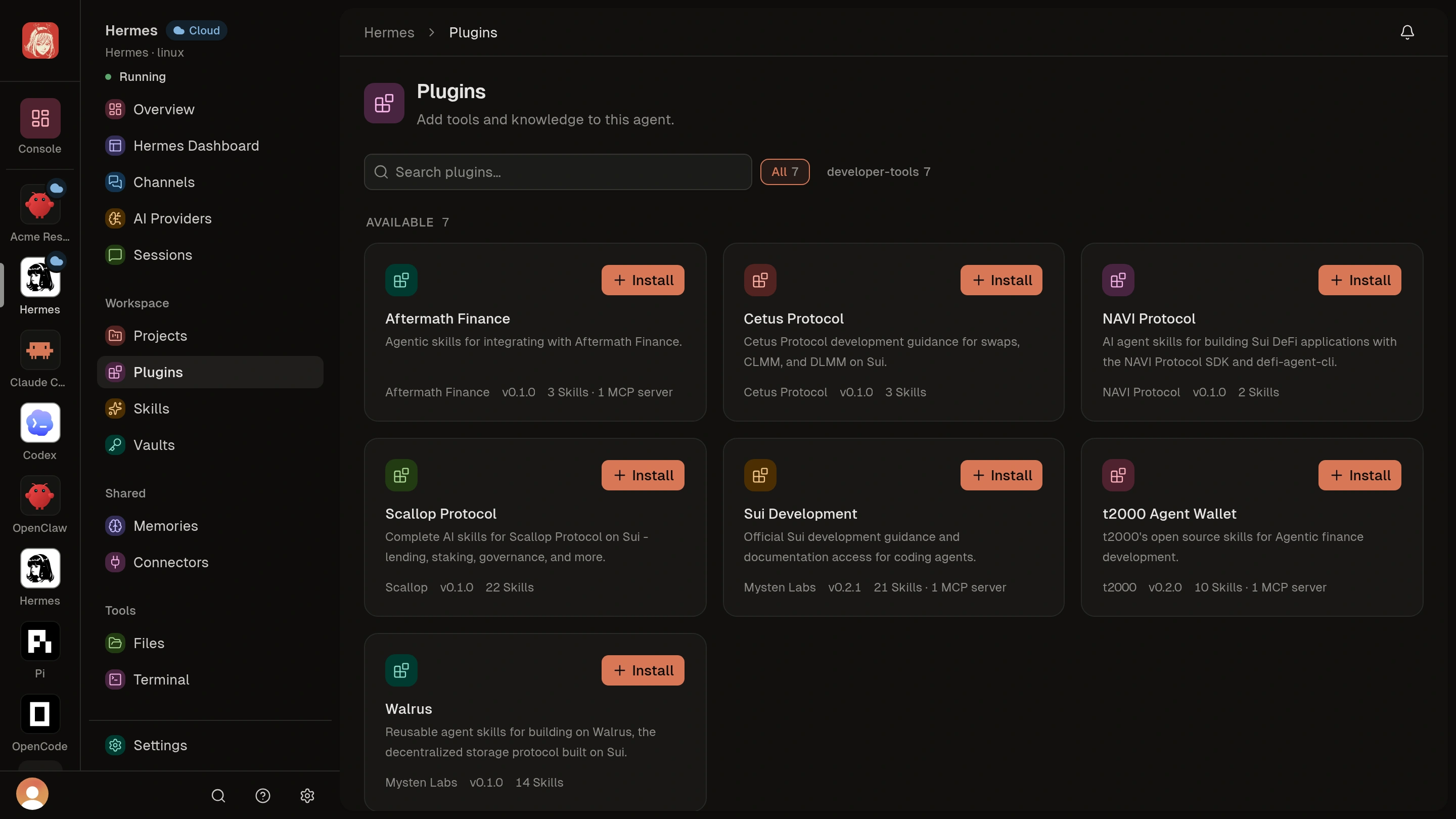 Cloud Agent Plugins catalog with package descriptions and Install actions.