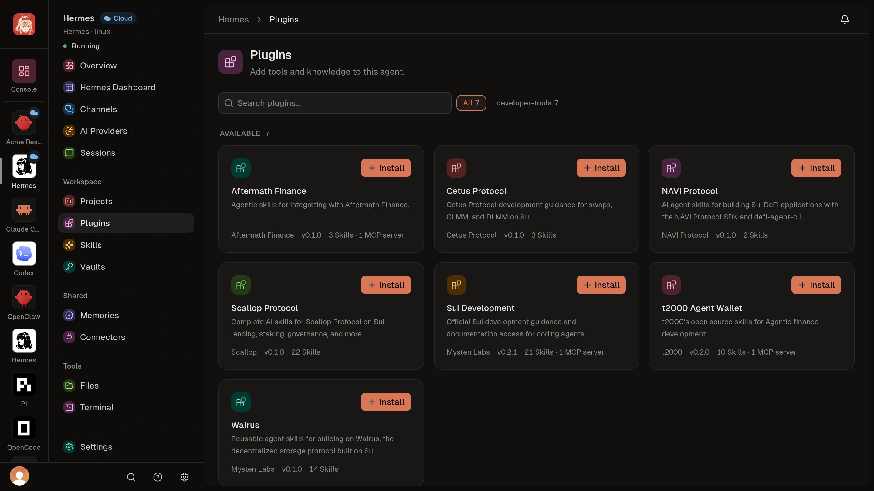 Cloud Agent Plugins catalog with package descriptions and Install actions.