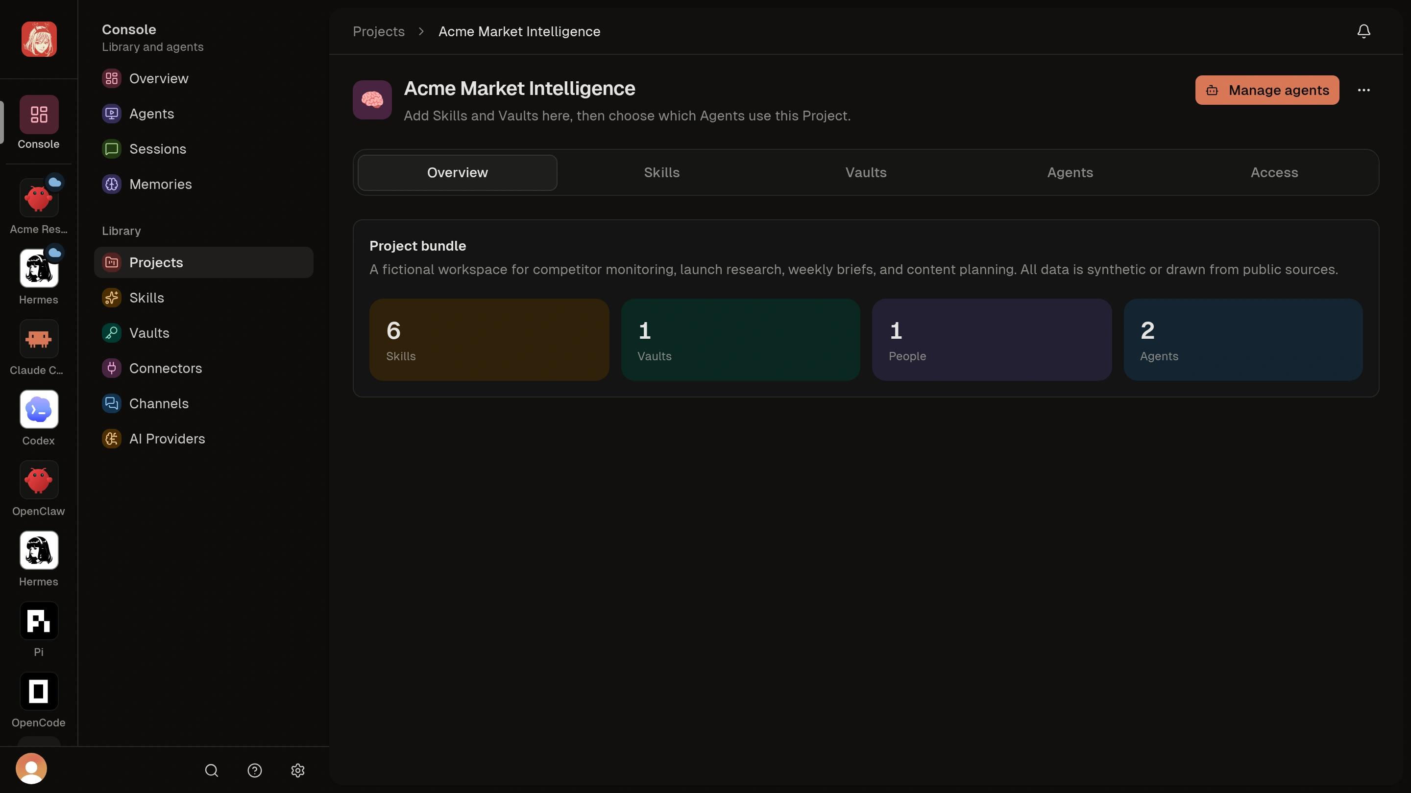 Demo Project overview with Skills, Vaults, Agents, and Access tabs.