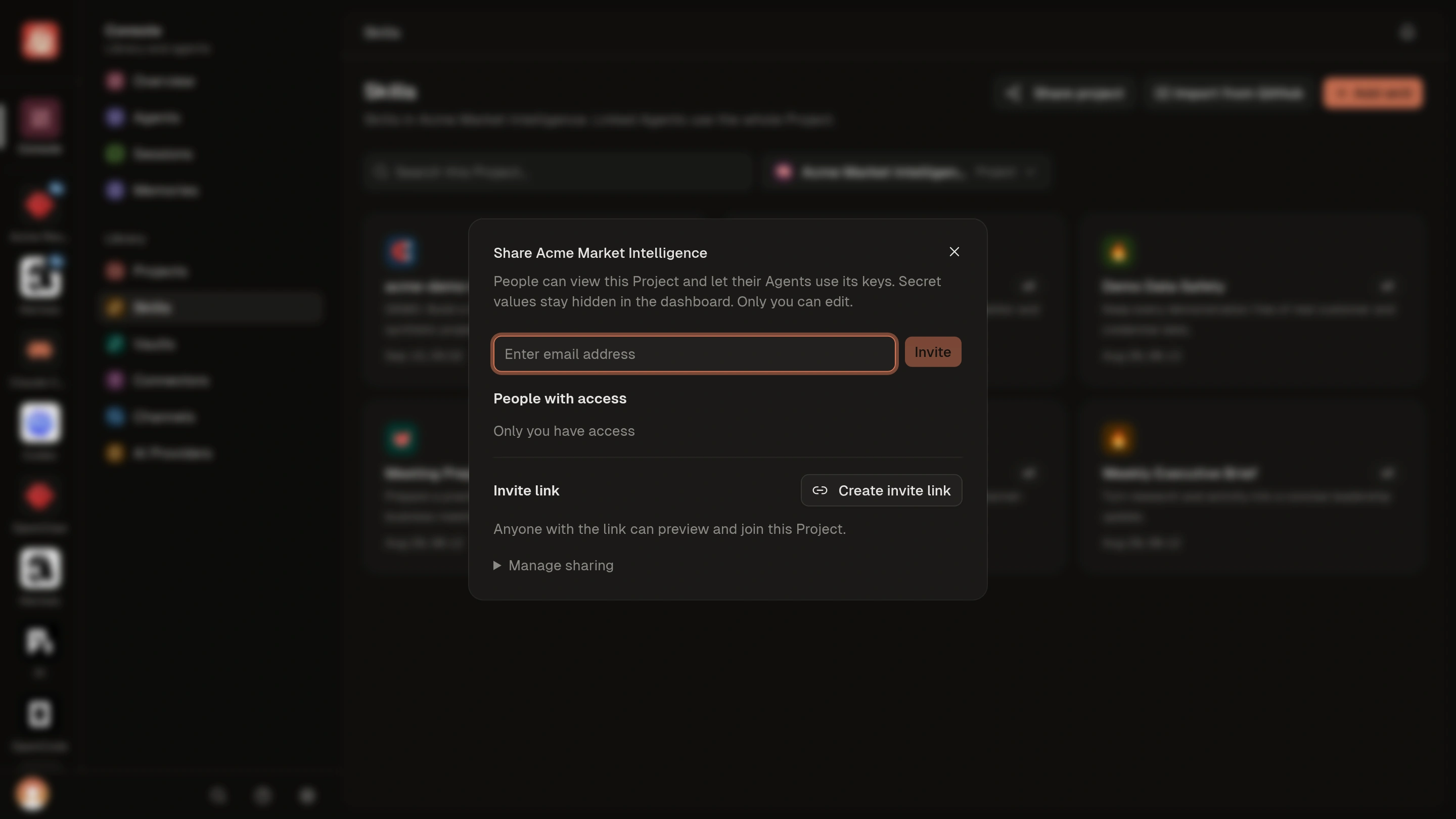 Project sharing dialog with an empty email field, Invite, People with access, and Create invite link.