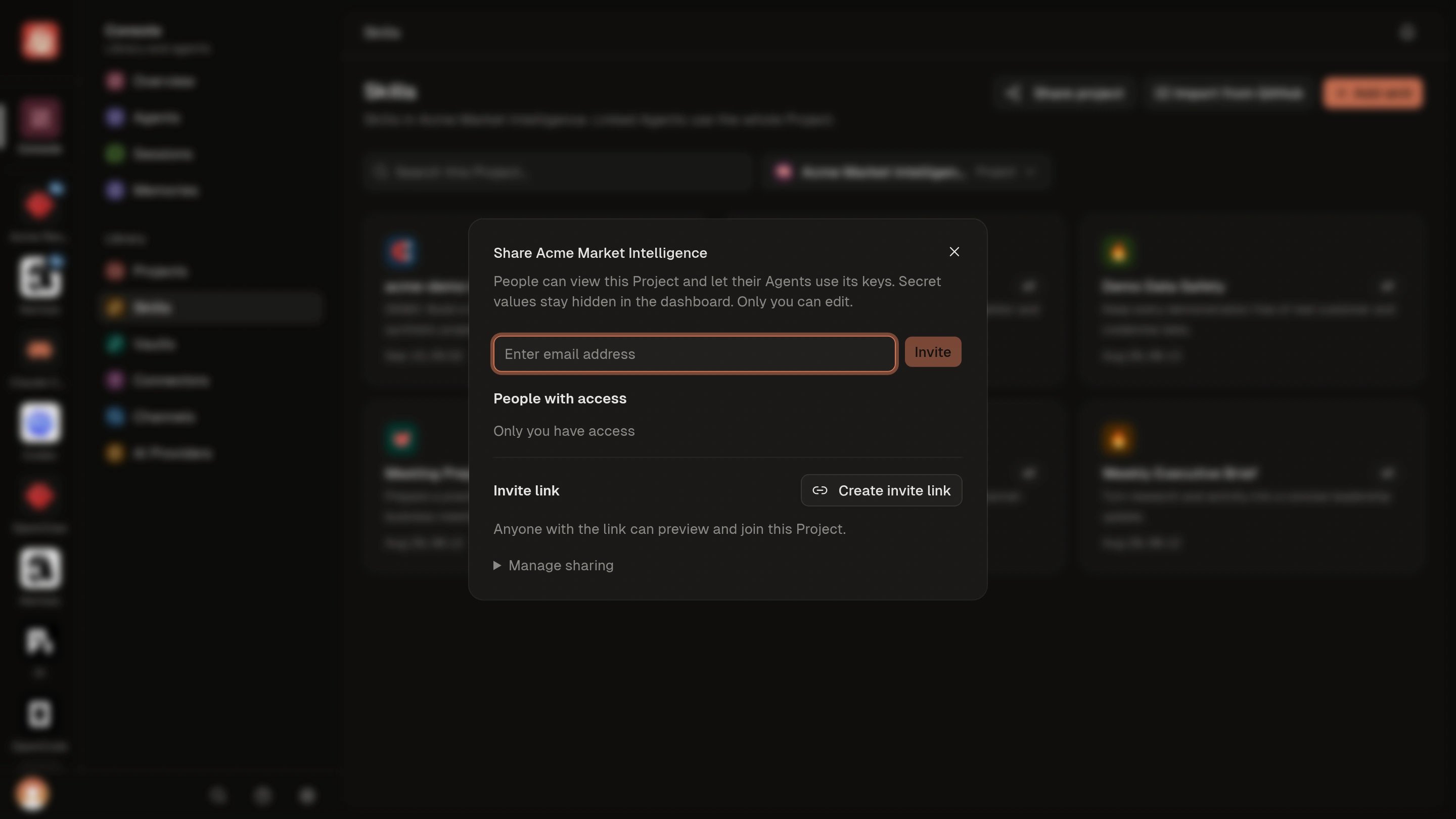 Project sharing dialog with an empty email field, Invite, People with access, and Create invite link.
