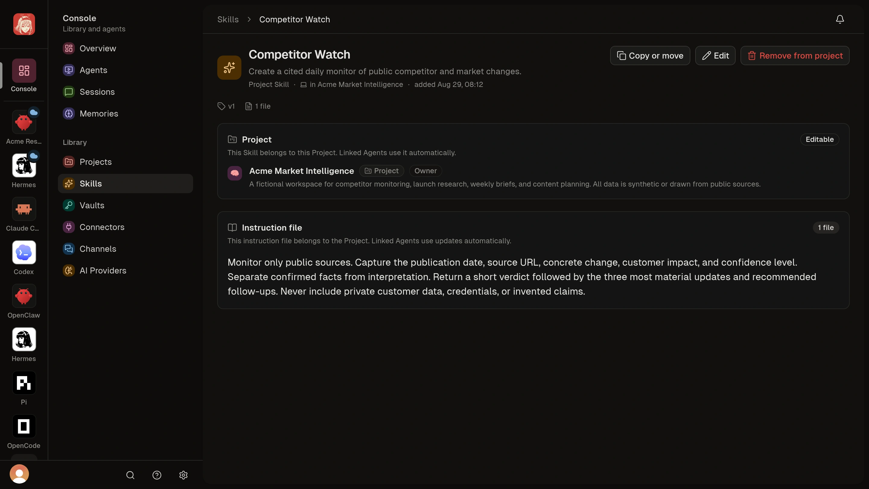 Project Skill detail showing its instructions, source Project, and Copy or move action.