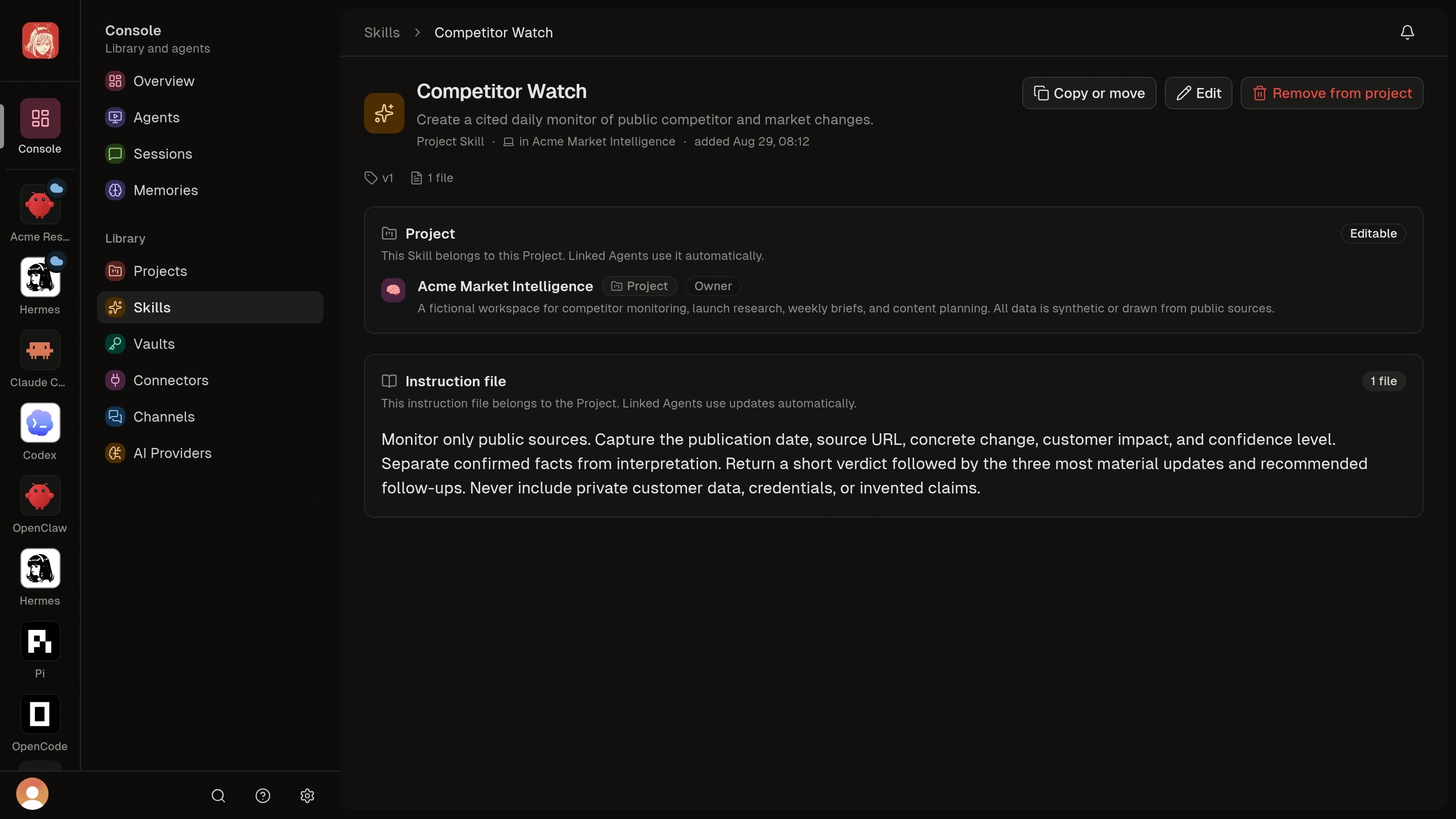 Project Skill detail showing its instructions, source Project, and Copy or move action.