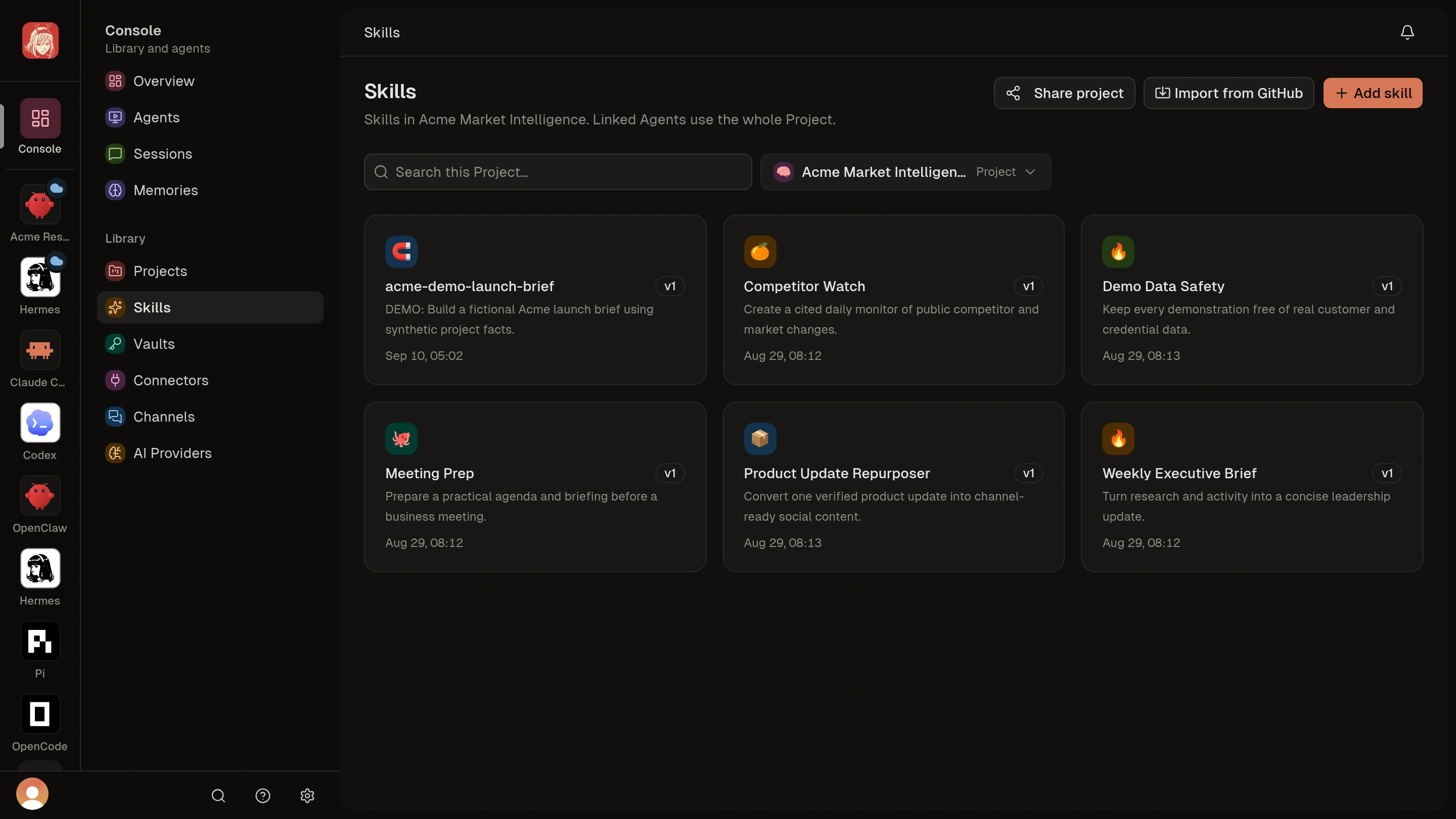 Project Skills tab with reusable demo instructions and the Add skill action.