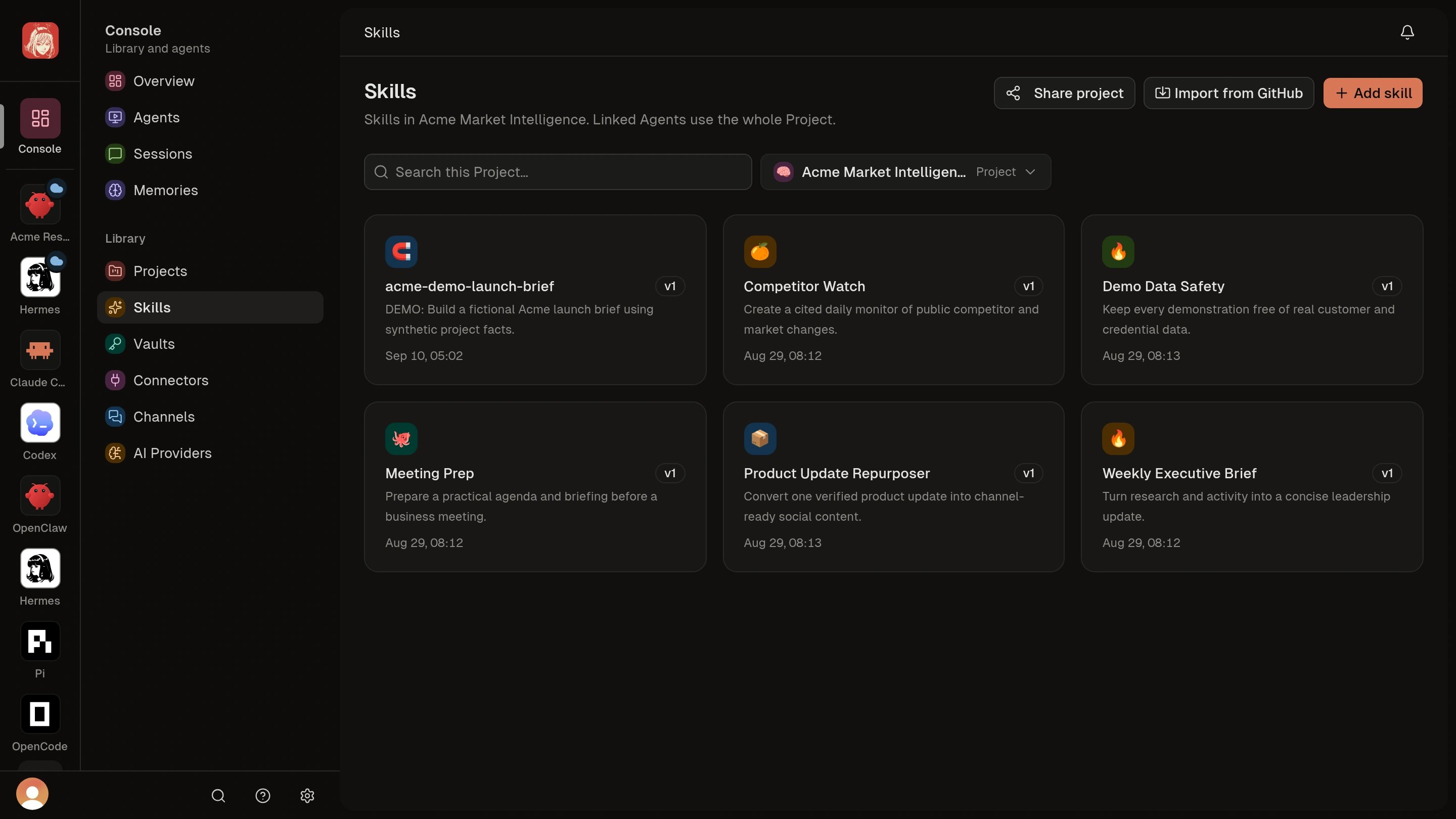 Project Skills tab with reusable demo instructions and the Add skill action.