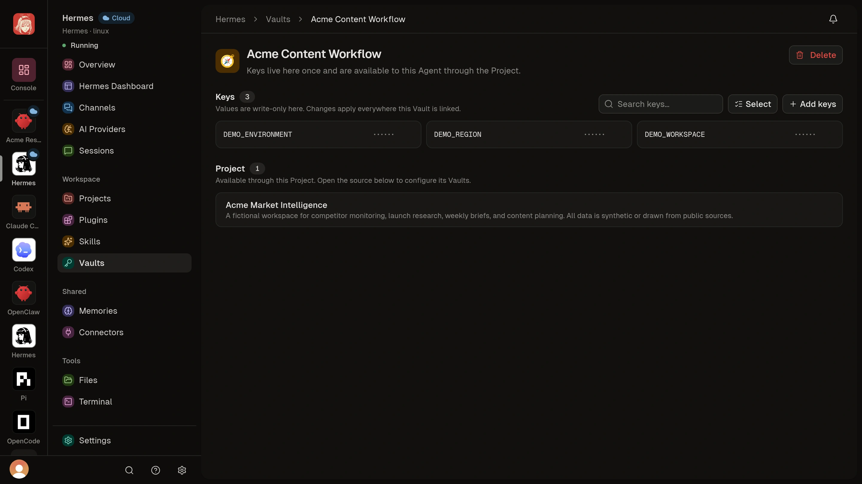 Demo Vault with DEMO_ENVIRONMENT, DEMO_REGION, and DEMO_WORKSPACE and masked values.